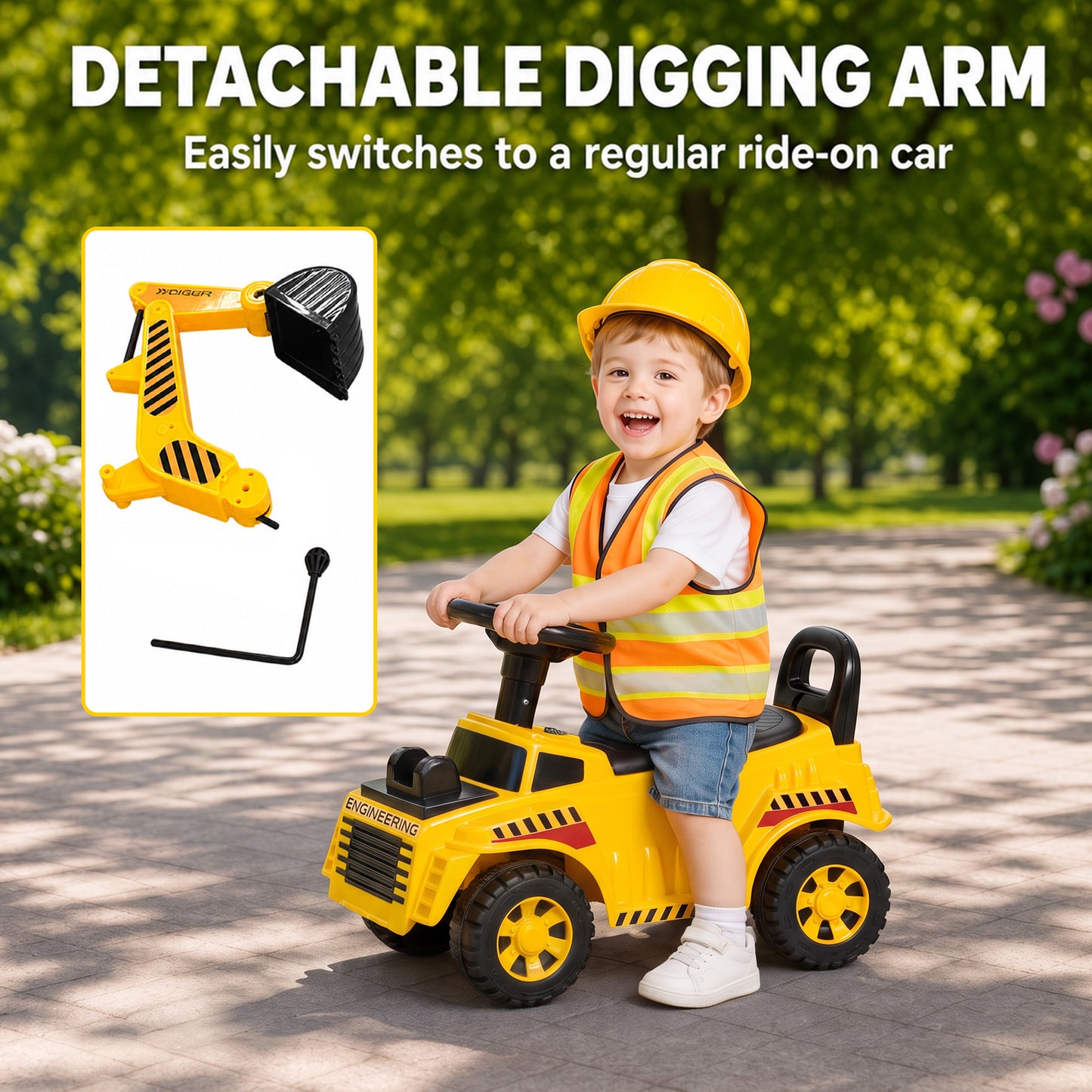 AIYAPLAY Kids Ride on Digger, Toddler Construction Toy Car with Security Helmet, Horn, Detachable Digging Arm