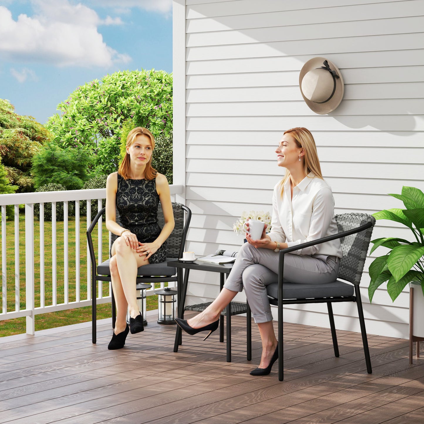 Outsunny 3-Piece Rattan Bistro Set with Cushions, Wicker Furniture, Glass Top Table & Chairs for Patio, Balcony, Terrace, Conservatory, Grey