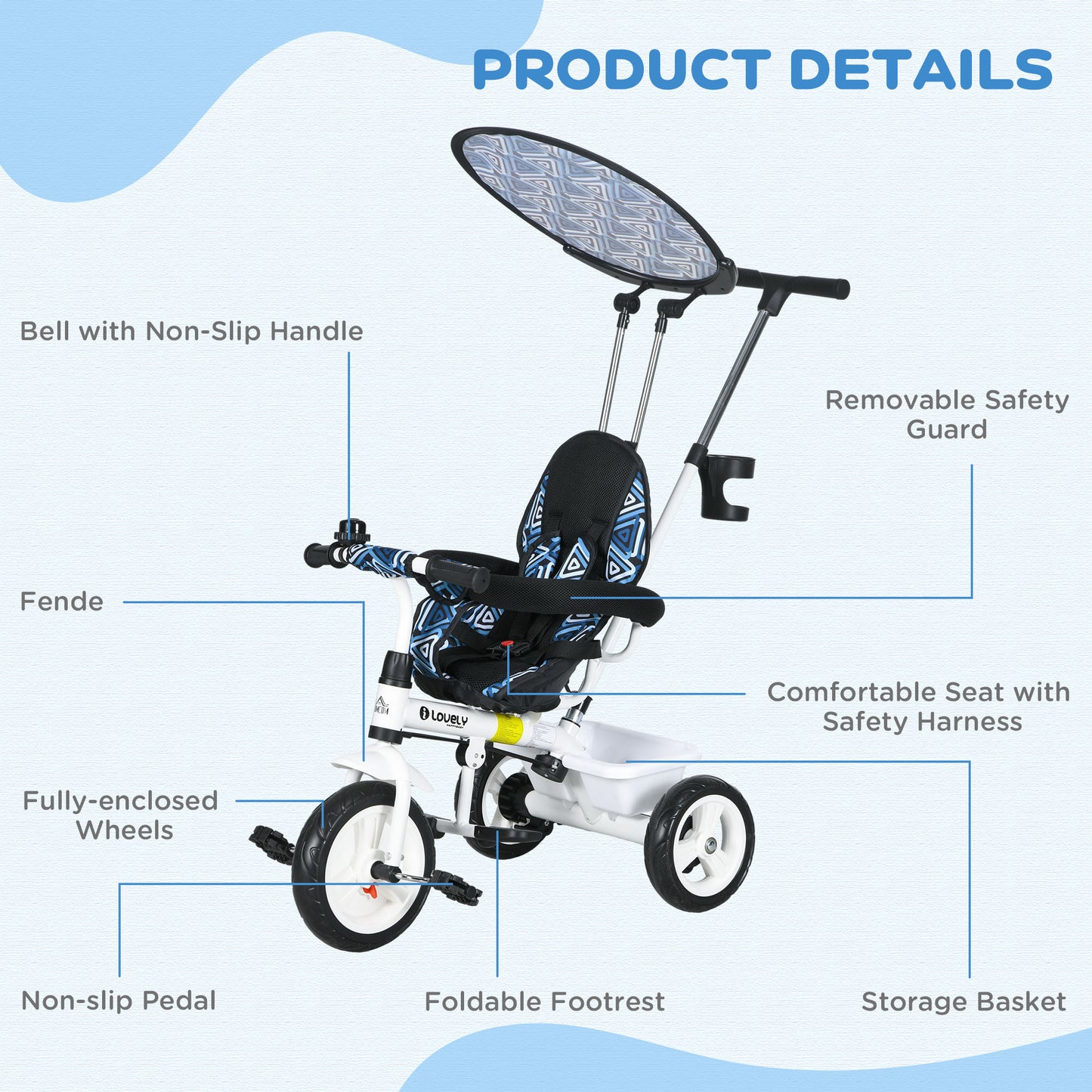 HOMCOM 4 in 1 Tricycle for Kids with 5-point harness straps Removable Canopy Blue