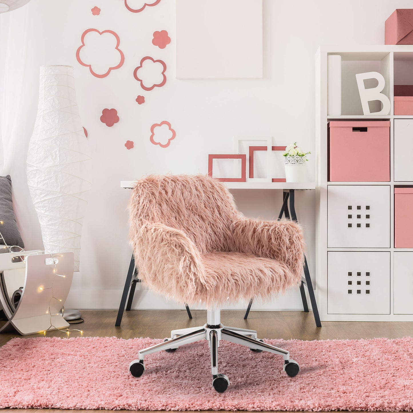 Vinsetto Faux Fur Desk Chair, Rolling Swivel Makeup Chair with Adjustable Height, Armrets for Home Office, Bedroom, Pink