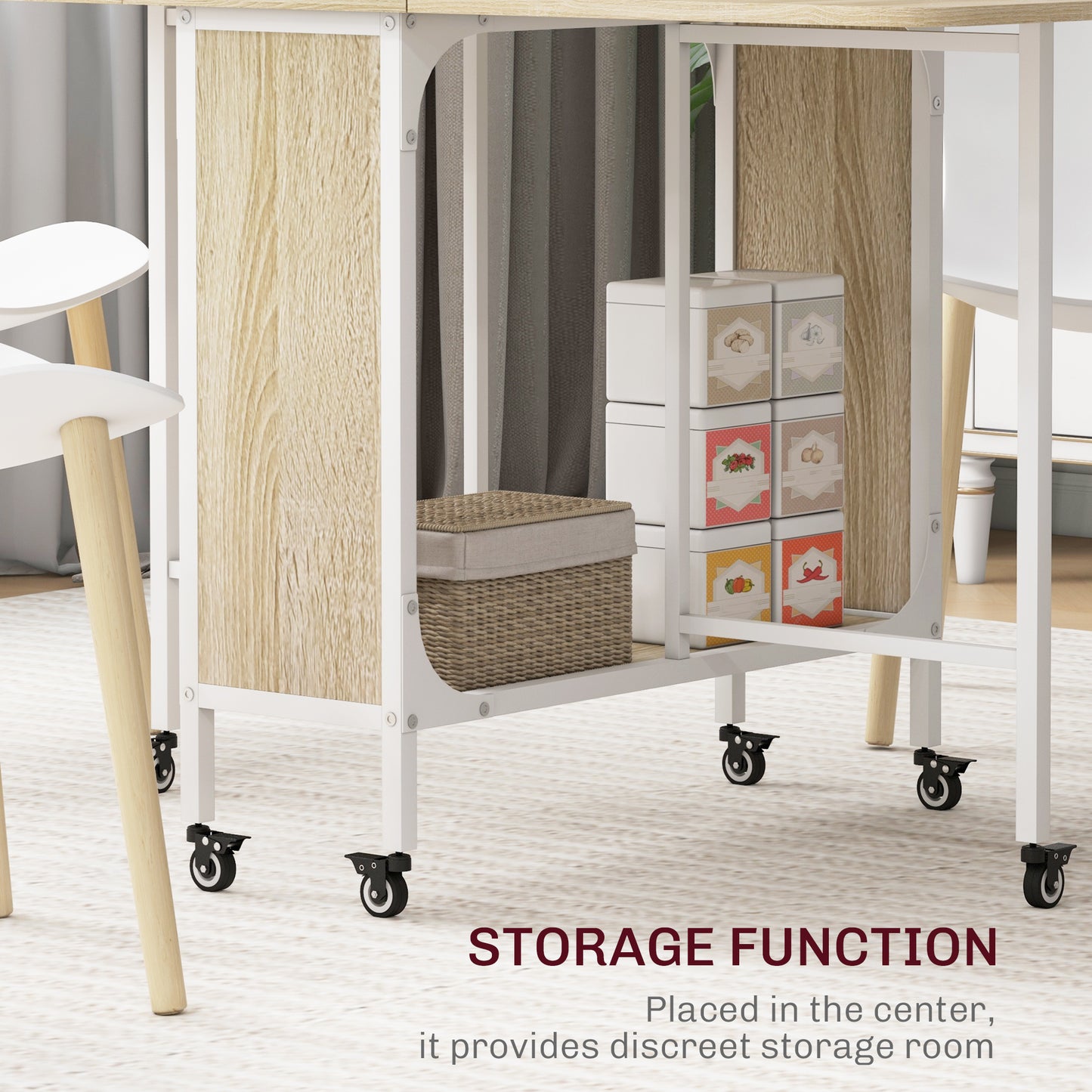HOMCOM Mobile Drop Leaf Table, Folding Kitchen Table with Wheels & Storage Shelf, Natural Wood