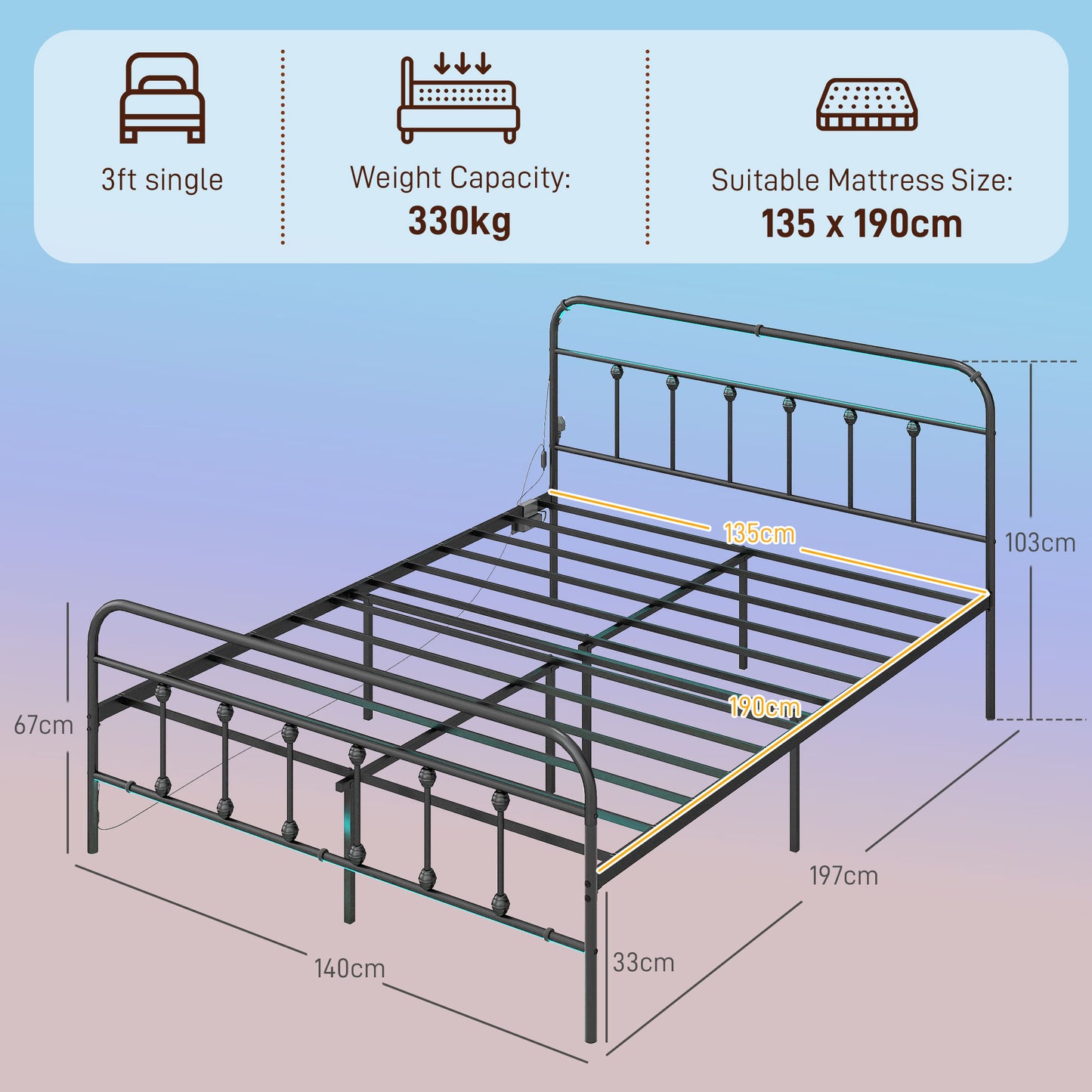 HOMCOM Double Bed Frame with LED Lights and Charging Station, Metal Platform Bed Frame with Under Bed Storage, Black