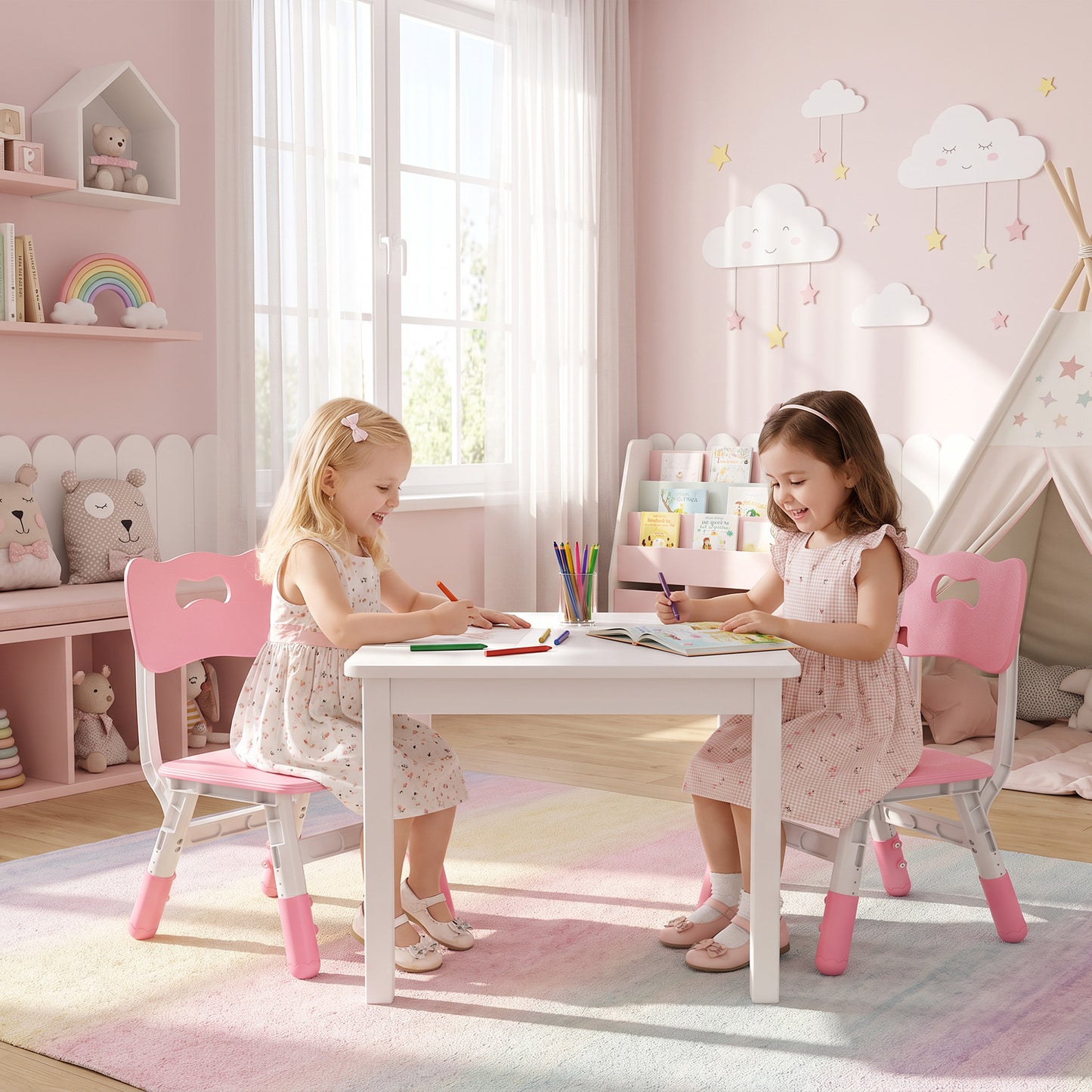 AIYAPLAY 2 PCS Kids Desk Chairs, 3 Level Height Adjustable Children's Chairs with Backrest for 1.5-8 Years, Max Load 50KG, Pink