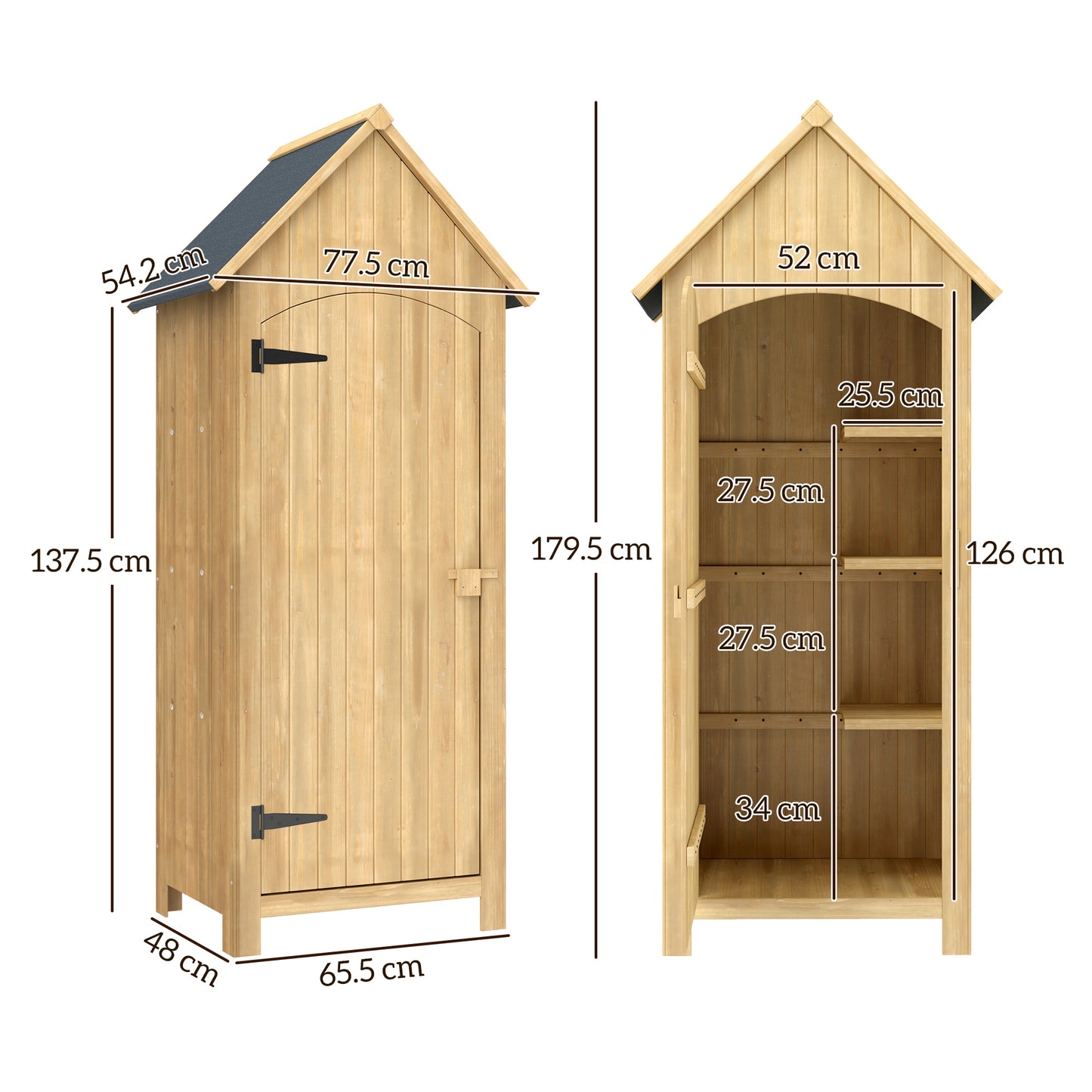 Outsunny Small Shed, Wooden Garden Storage with 3 Shelves, Outdoor Tool Cabinet with Tilt Roof & Lockable Door, 77.5x54.2x179.5 cm, Natural