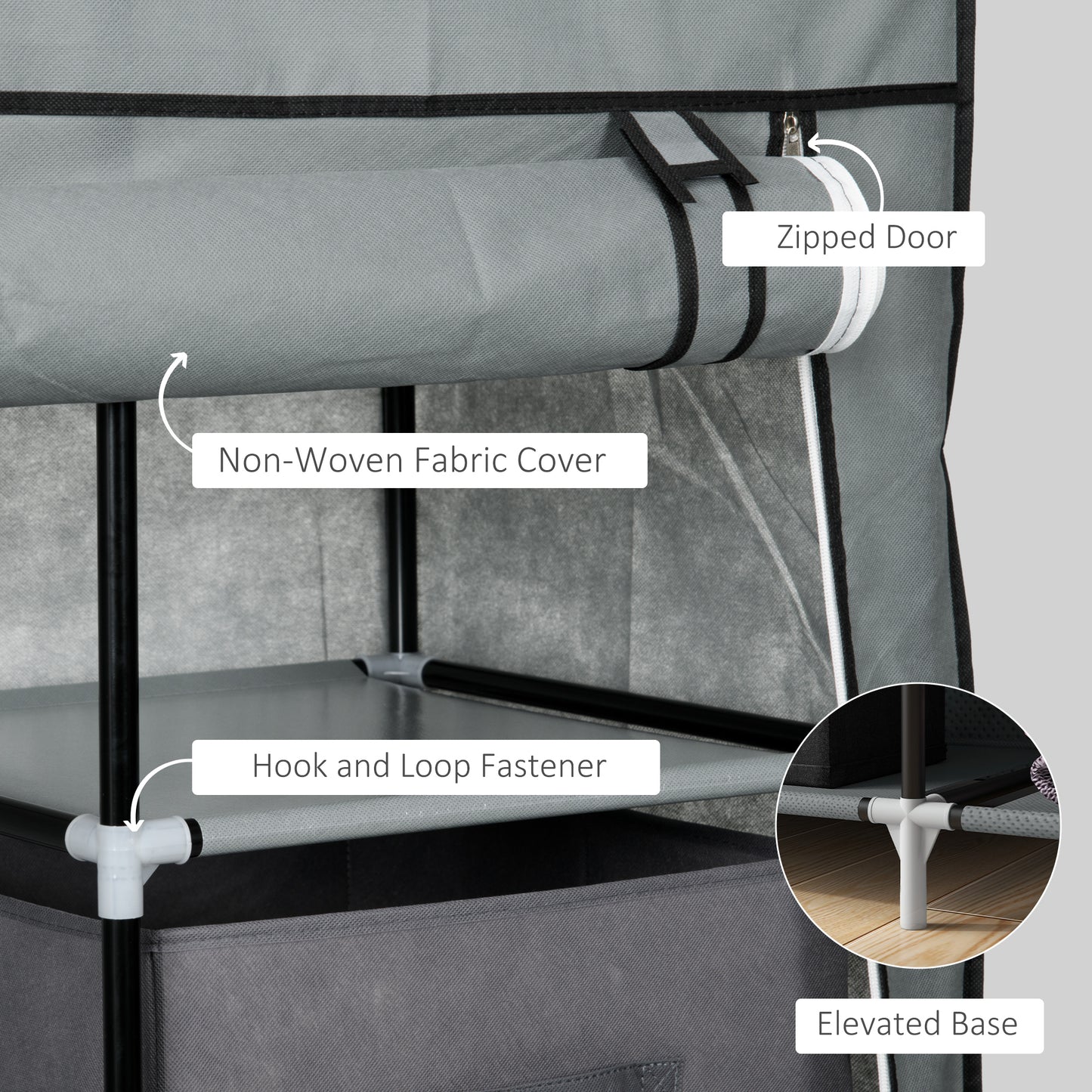 HOMCOM Fabric Wardrobe, Portable Clothes Storage with 5 Compartments, Hanging Rail, 2 Drawers, 102x42.5x162.5cm, Dark Grey