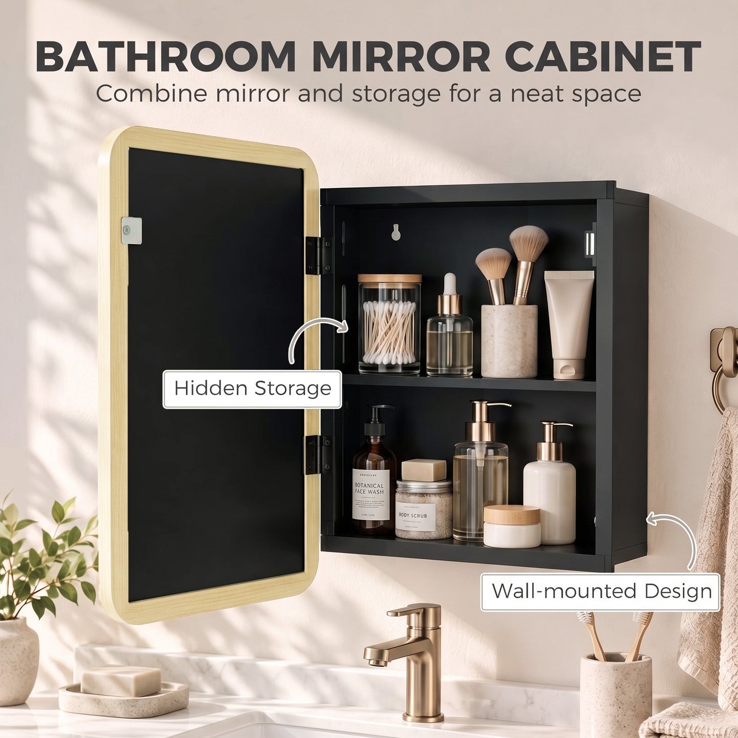 HOMCOM Bathroom Medicine Mirror Cabinet, Bathroom Wall Cabinet w/ Storage, Magnetic Door, Adjustable Shelf, Natural Wood Finish