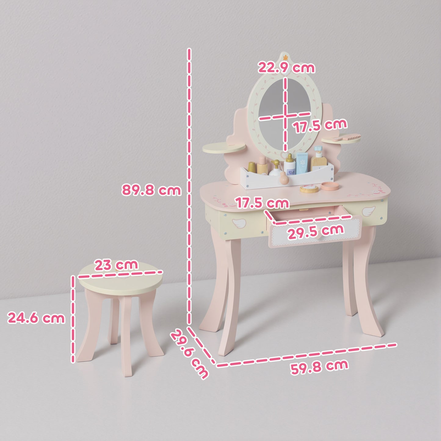 AIYAPLAY Kids Dressing Table, Girls Vanity Set with Mirror and Stool, 7 Play Accessories, Drawer, Desktop Storage, Pink