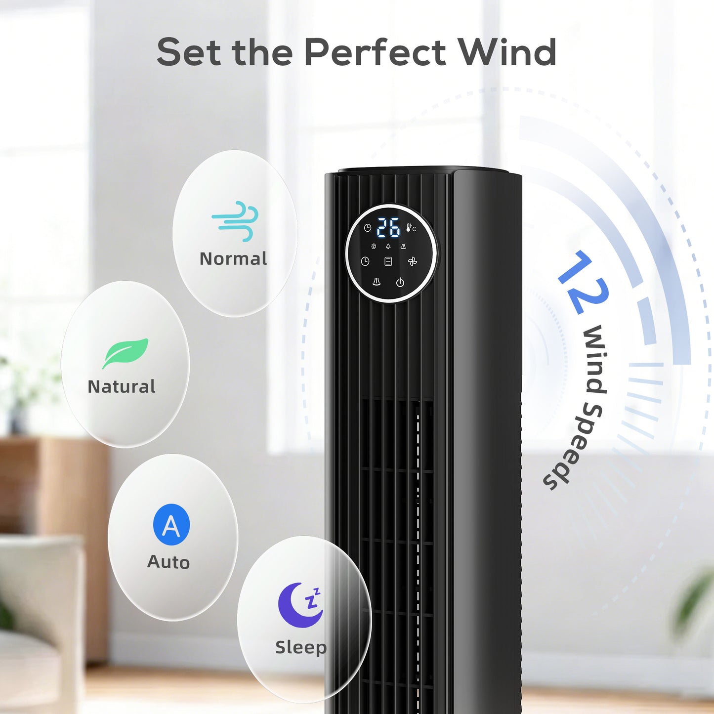 HOMCOM 28dB Tower Fan for Bedroom, 26 ft/s Velocity Standing Cooling Fan with 80° Oscillating, 12 Speeds, LED Display, 4 Modes, 12H Timer, Remote Control, 36 inch, Black
