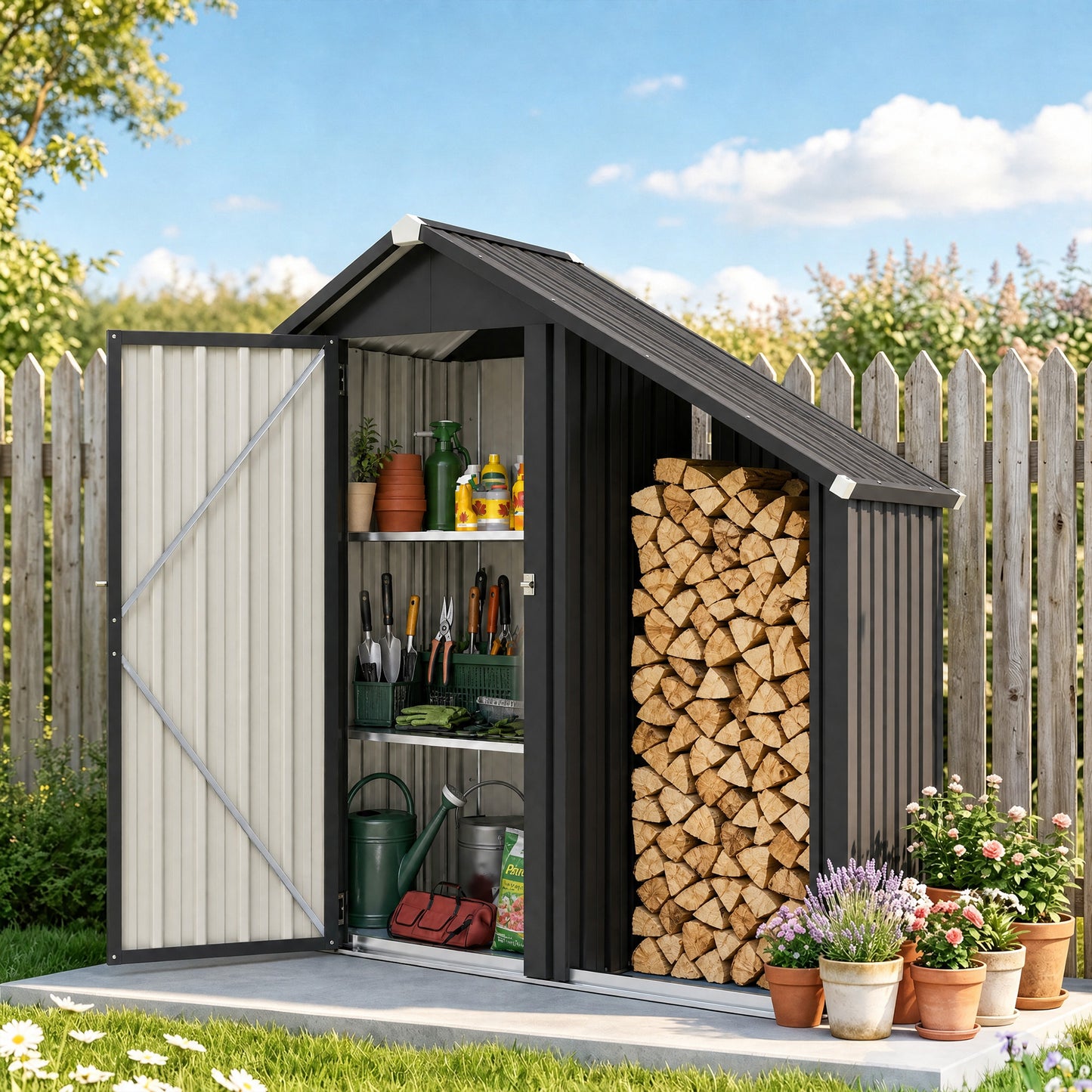 Outsunny 2 in 1 Galvanised Steel Firewood Shed, Outdoor Log Storage Shed with Tool Cabinet and Firewood Rack, Dark Grey