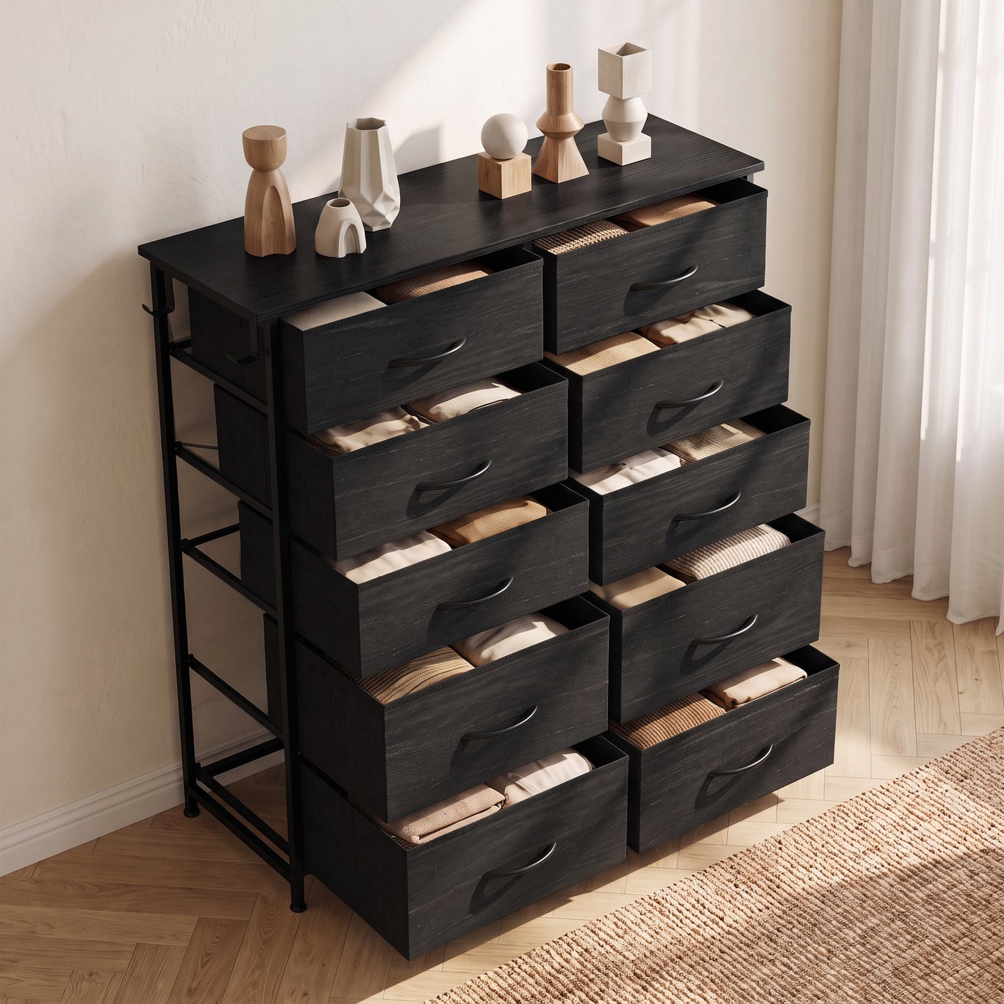HOMCOM Chest of Drawers, Dresser with 10 Fabric Drawers, Tall Storage Unit with 4 Pockets and 2 Hooks Steel Frame, Black