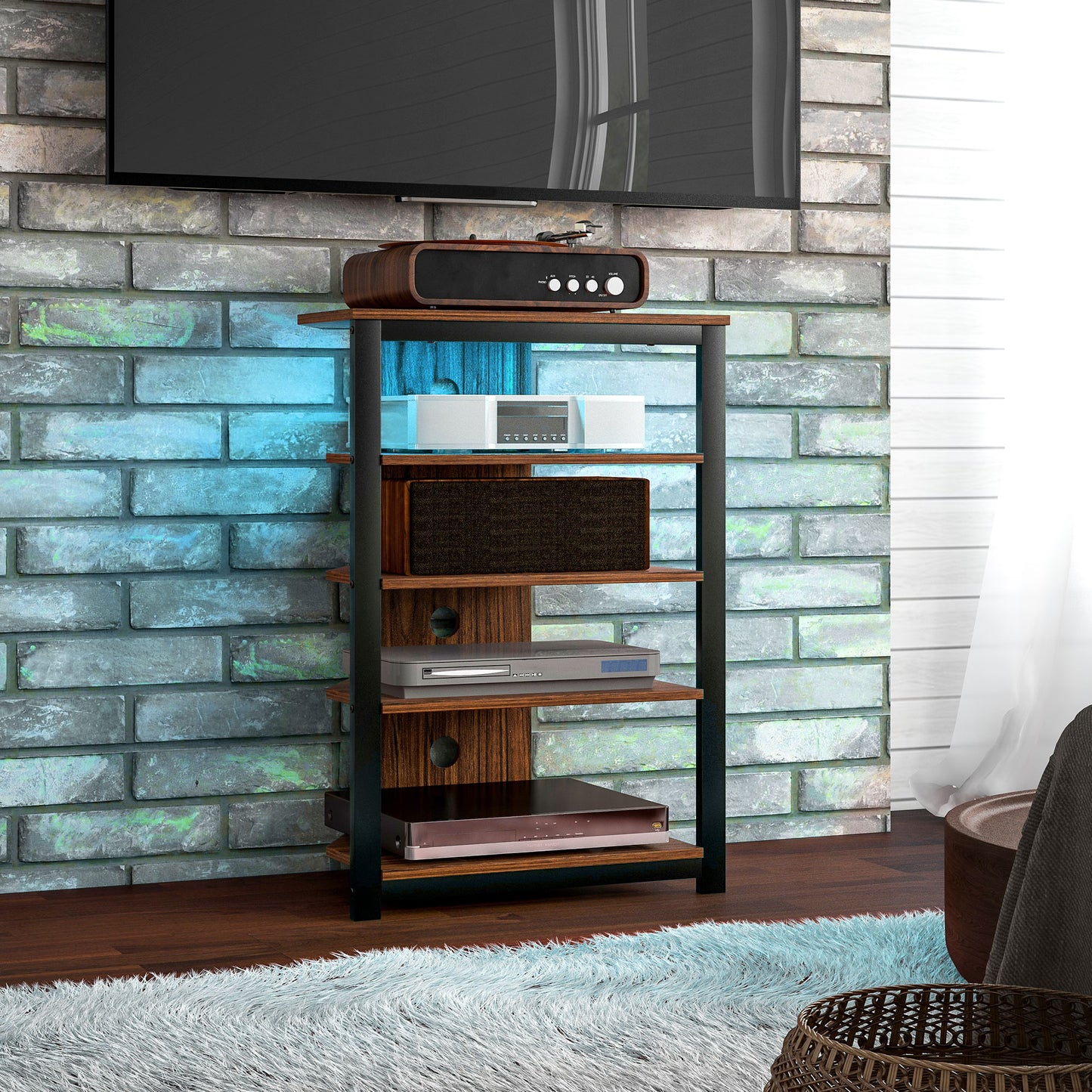 HOMCOM TV Stand, 4-Tier Corner with Storage, LED Lights, Cable Management for TVs up to 29", Living Room/Bedroom, Small Unit, Black
