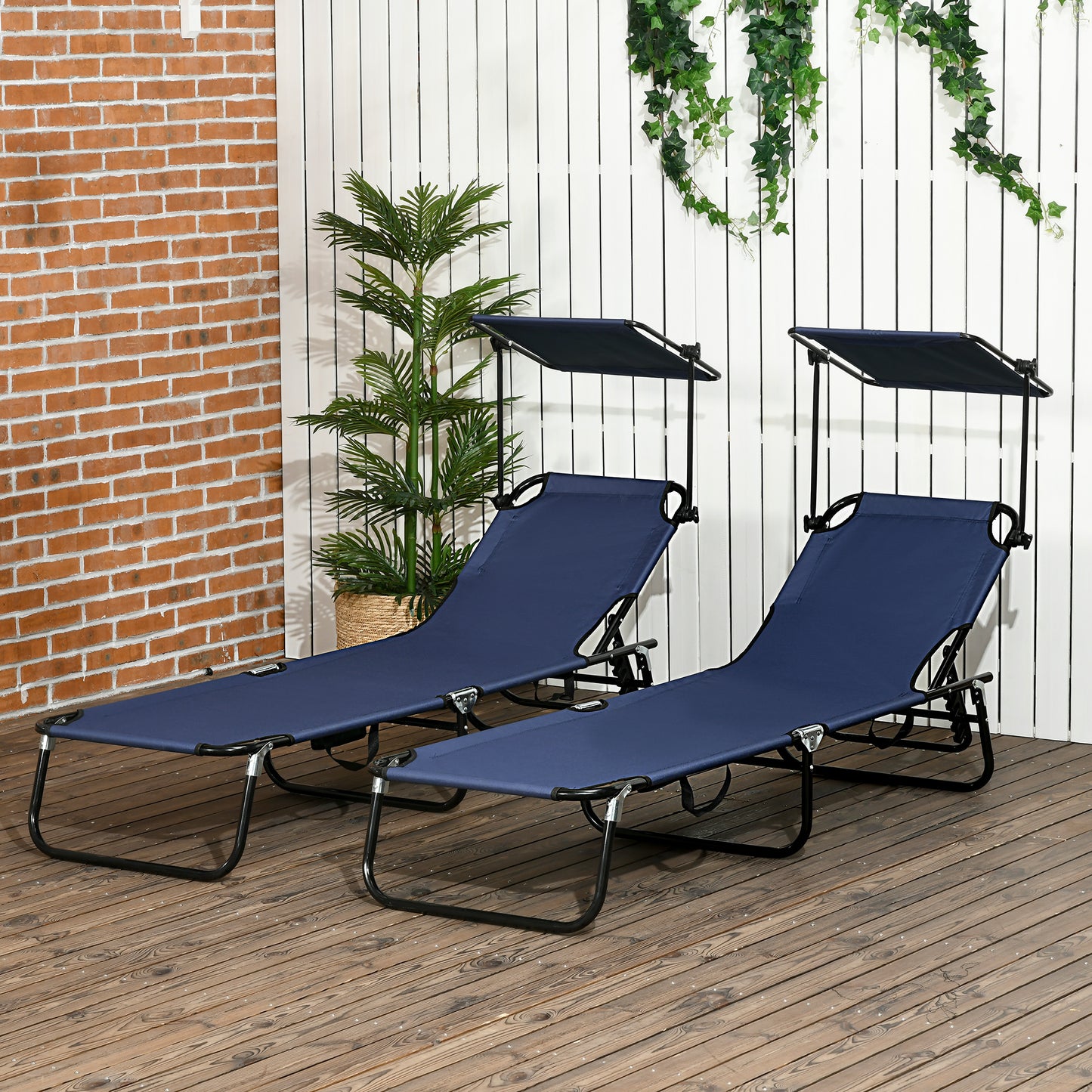 Outsunny 2 Piece Folding Sun Loungers, Adjustable Garden Recliner Chairs with Canopy, Dark Blue