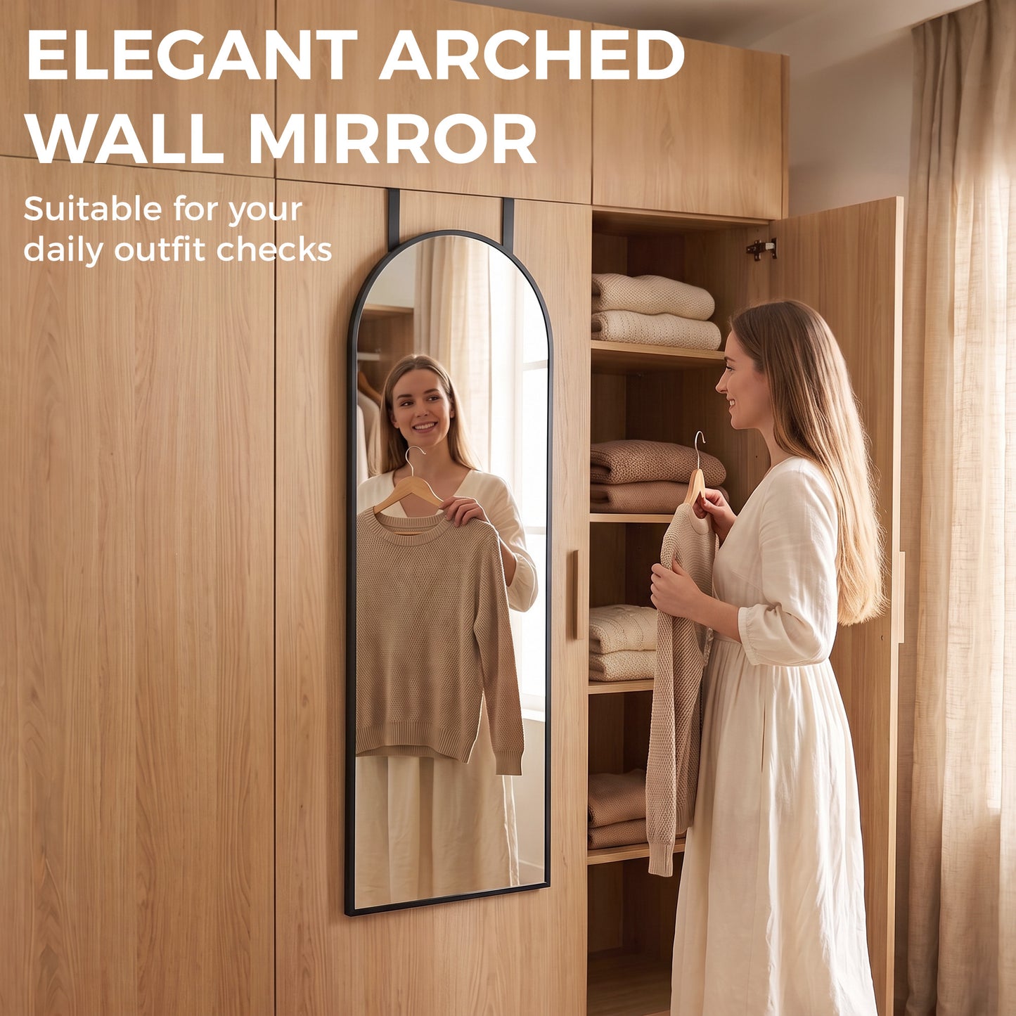 HOMCOM 40 x 110 cm Full Length Hanging Mirror, Arched Mirror with Adjustable Hooks, Over-the-Door or Wall-Mounted, Black