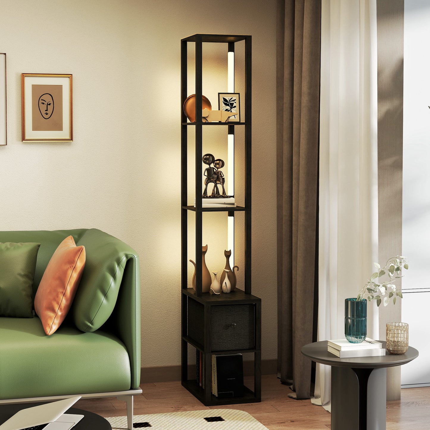 HOMCOM Floor Lamp with Shelves, LED Modern Standing Lamp, Fabric Drawer, Adjustable Brightness, Foot Switch for Living Room, Bedroom, Office, Black