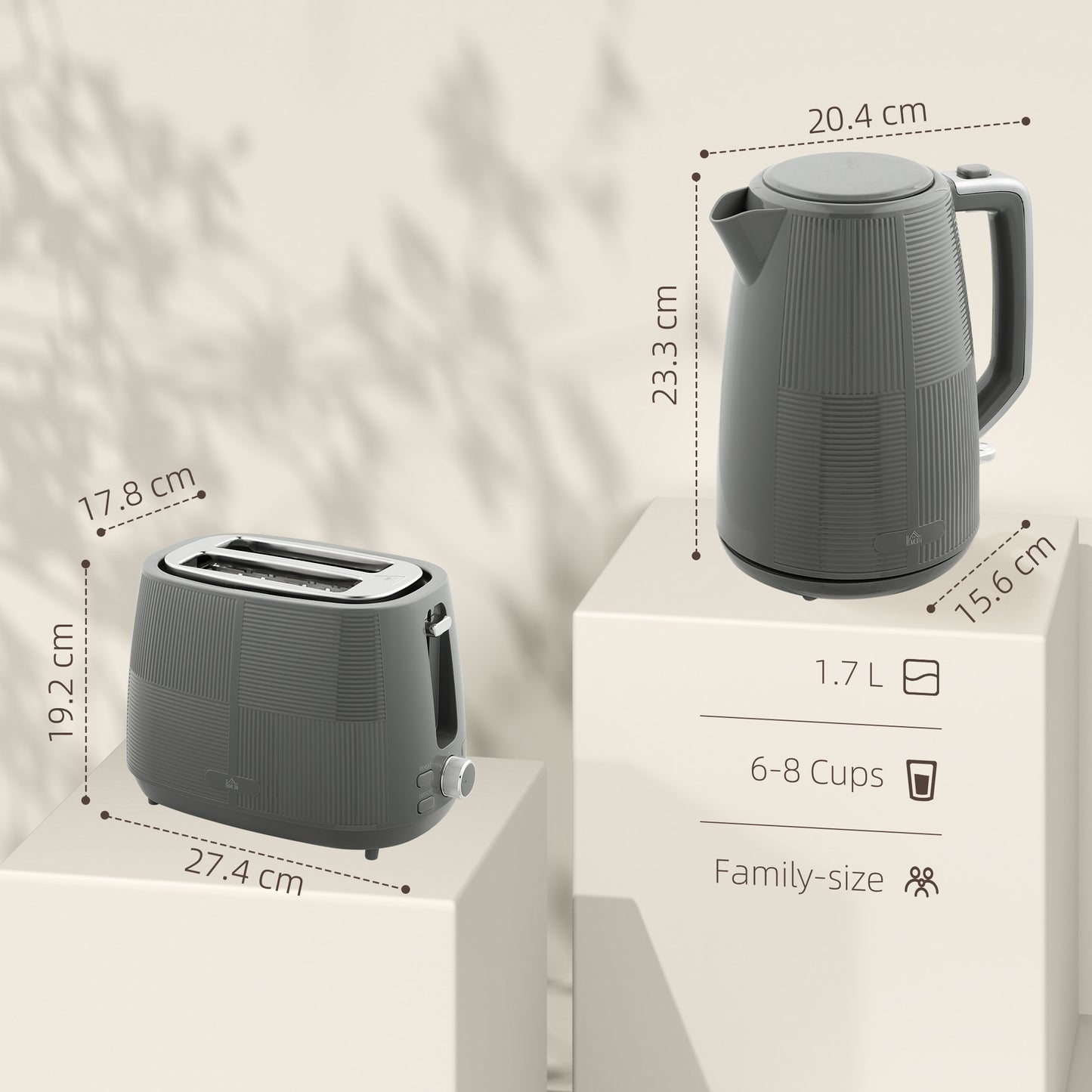 HOMCOM Kettle & Toaster Set, 1.7L Fast Boil Kettle & 2 Slice Toaster with 7 Levels, Grey