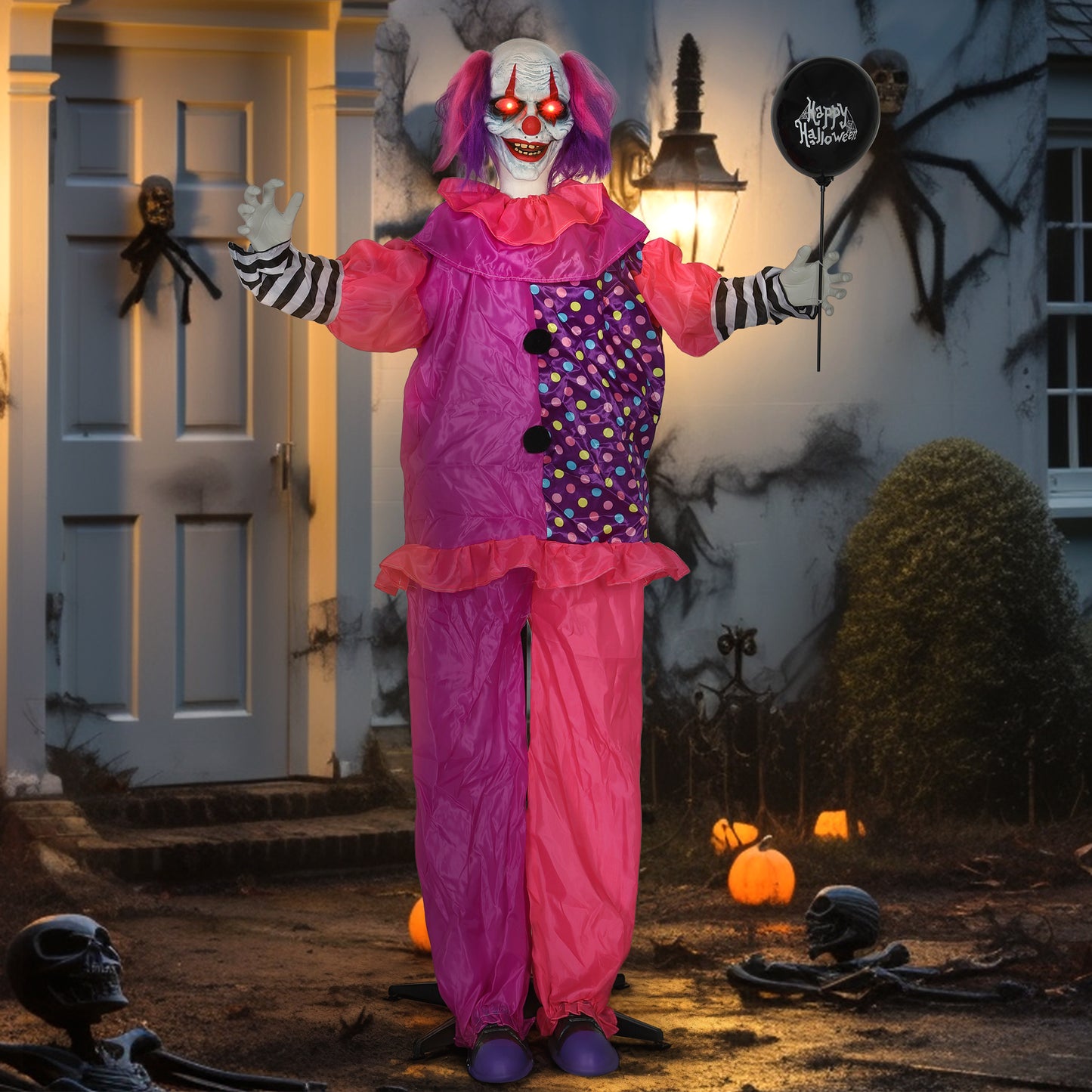 Outsunny Life Size Halloween Animated Clown with Light Up Eyes, Sound Activated, Moving Body, Battery Operated, Indoor Props, 175 cm, Red Eyes
