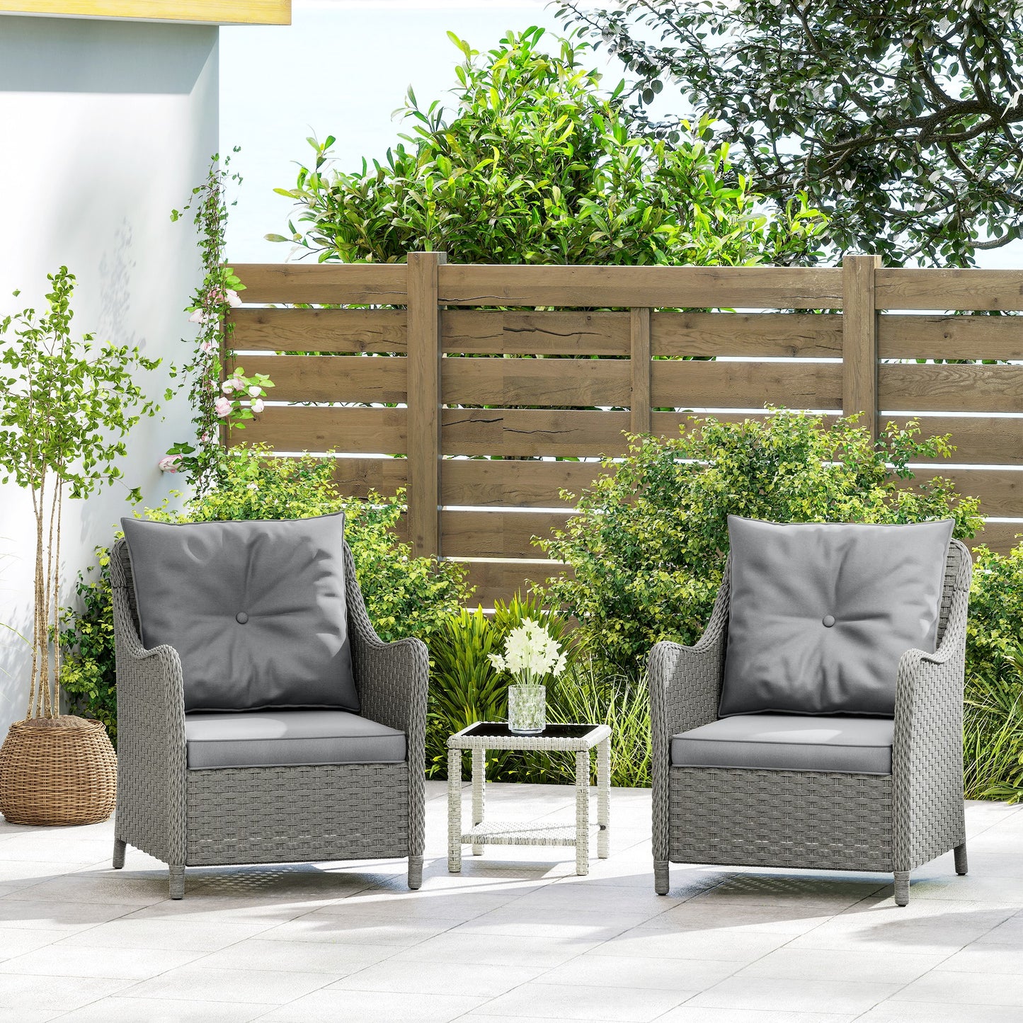 Outsunny Rattan Garden Chairs Set of 2, Outdoor Armchairs with Cushions & High Back, Steel Frame, PE Wicker for Balcony, Porch, Dark Grey
