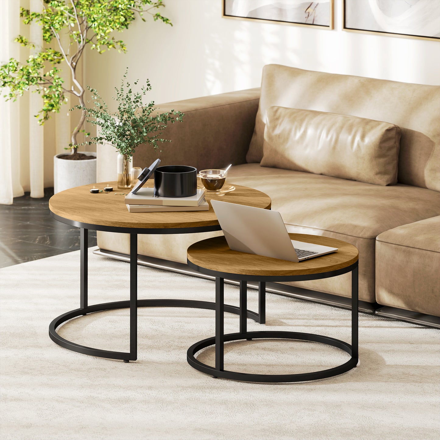 Tables That Stack HOMCOM Set of Two Wood-Effect Stacking Tables - Brown – mhstar.co.uk