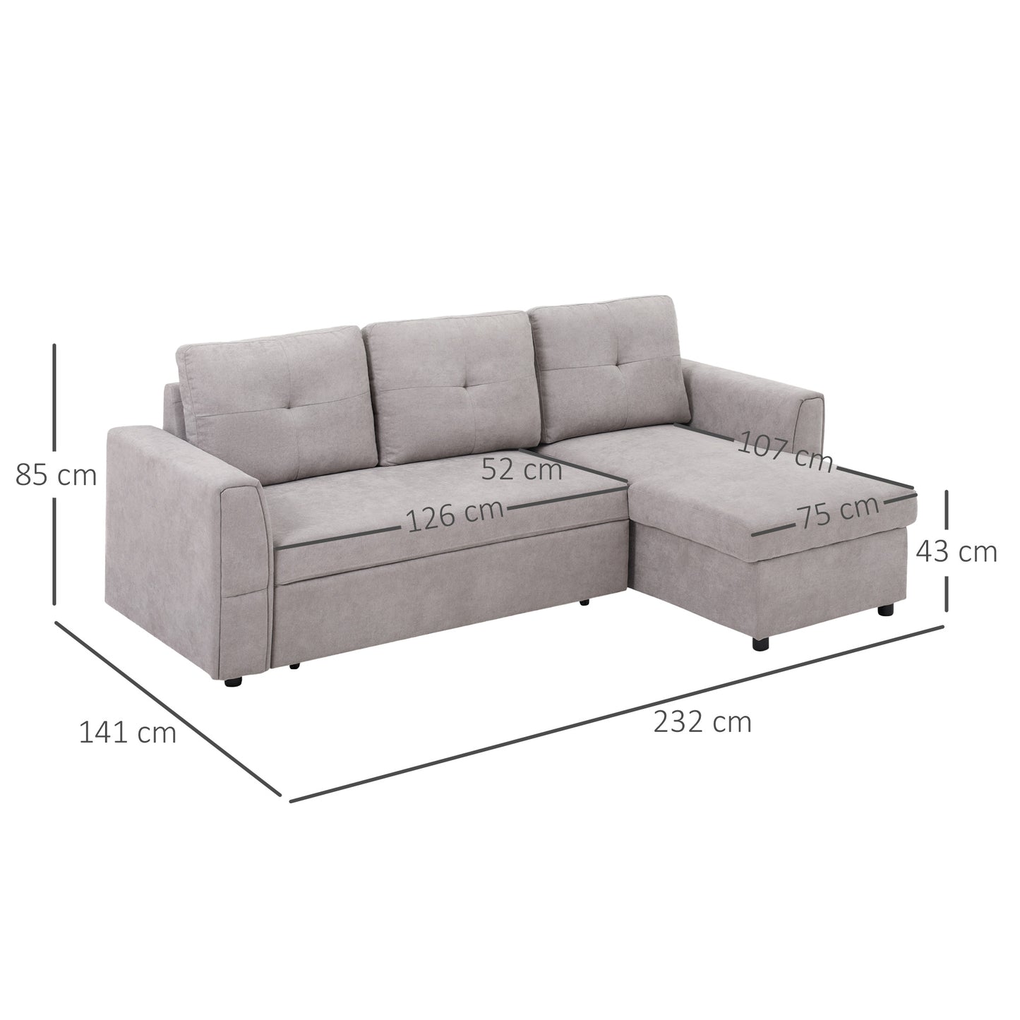 HOMCOM Sofa Bed Reversible Sectional Sofa Set Linen Sleeper Futon with Storage Grey