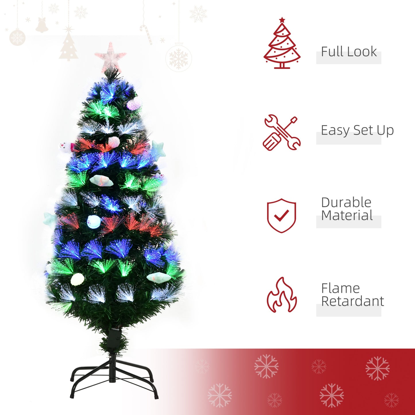 HOMCOM 4FT Pre-Lit Artificial Christmas Tree Home w/ Fibre Optic LED Light Decoration