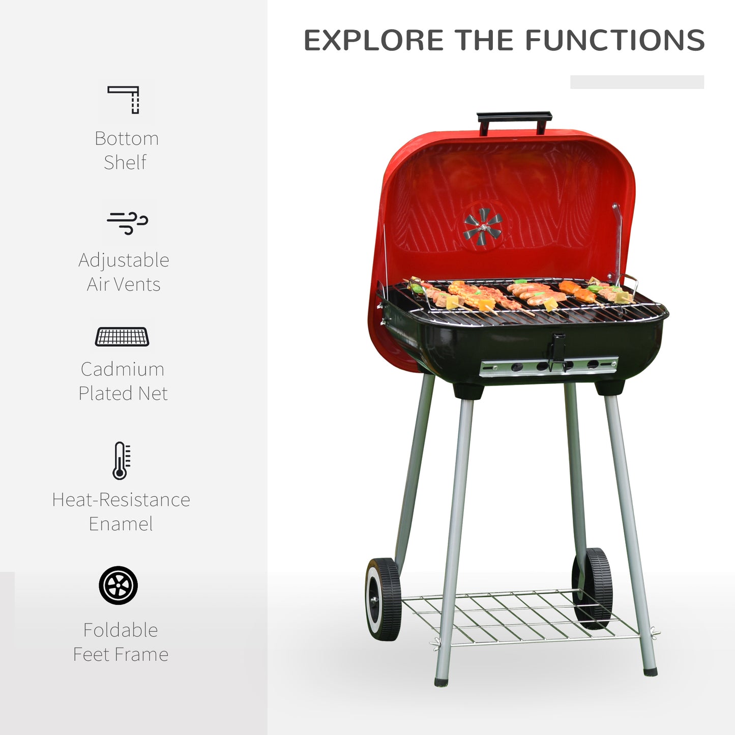 Outsunny Charcoal Barbecue Grill W/2 Wheels, 45x47.5x70 cm-Red/Black