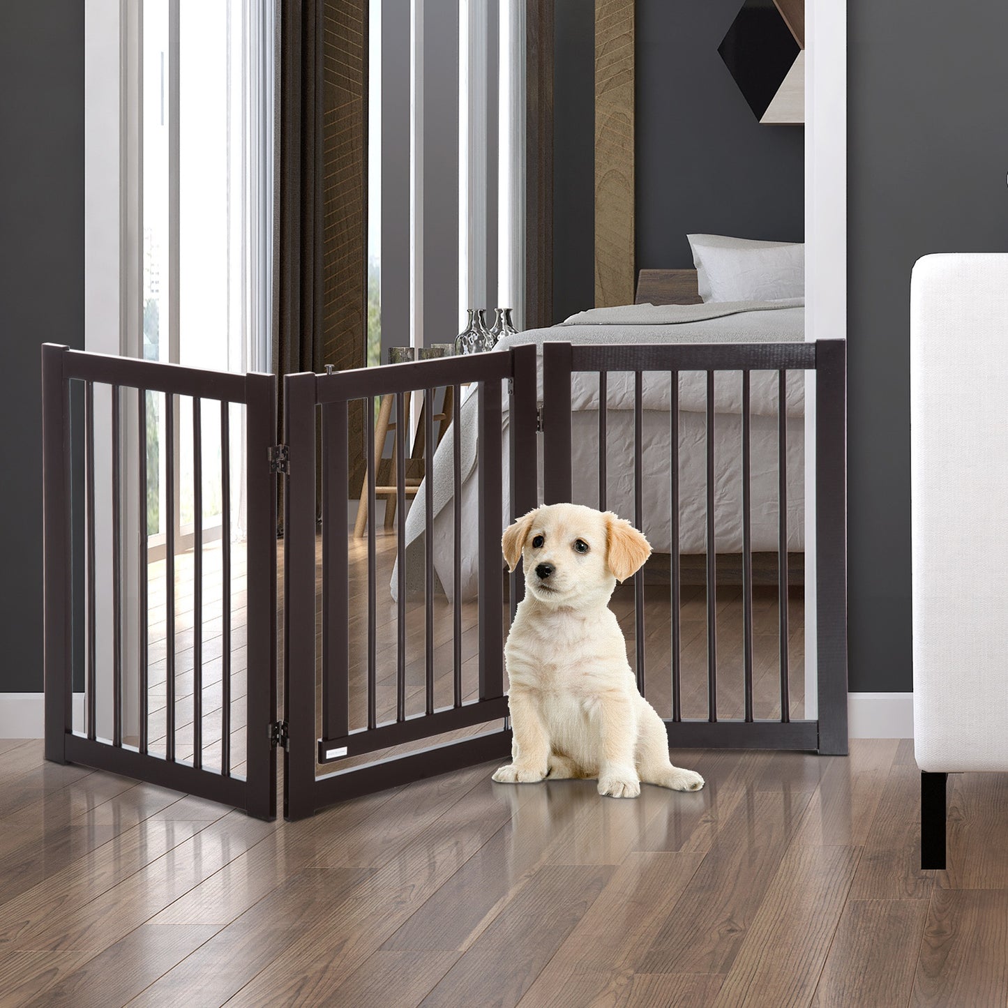 PawHut MDF Freestanding Expandable Pet Gate w/ Latched Door Brown