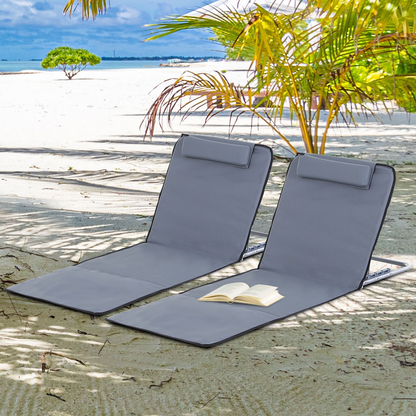 Outsunny Steel Frame Set of Two Reclining Beach Mats Grey
