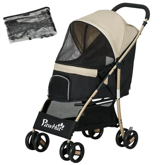 PawHut Oxfoad Pet Stroller for Small Minature Dogs with Rain Cover Dark Khaki
