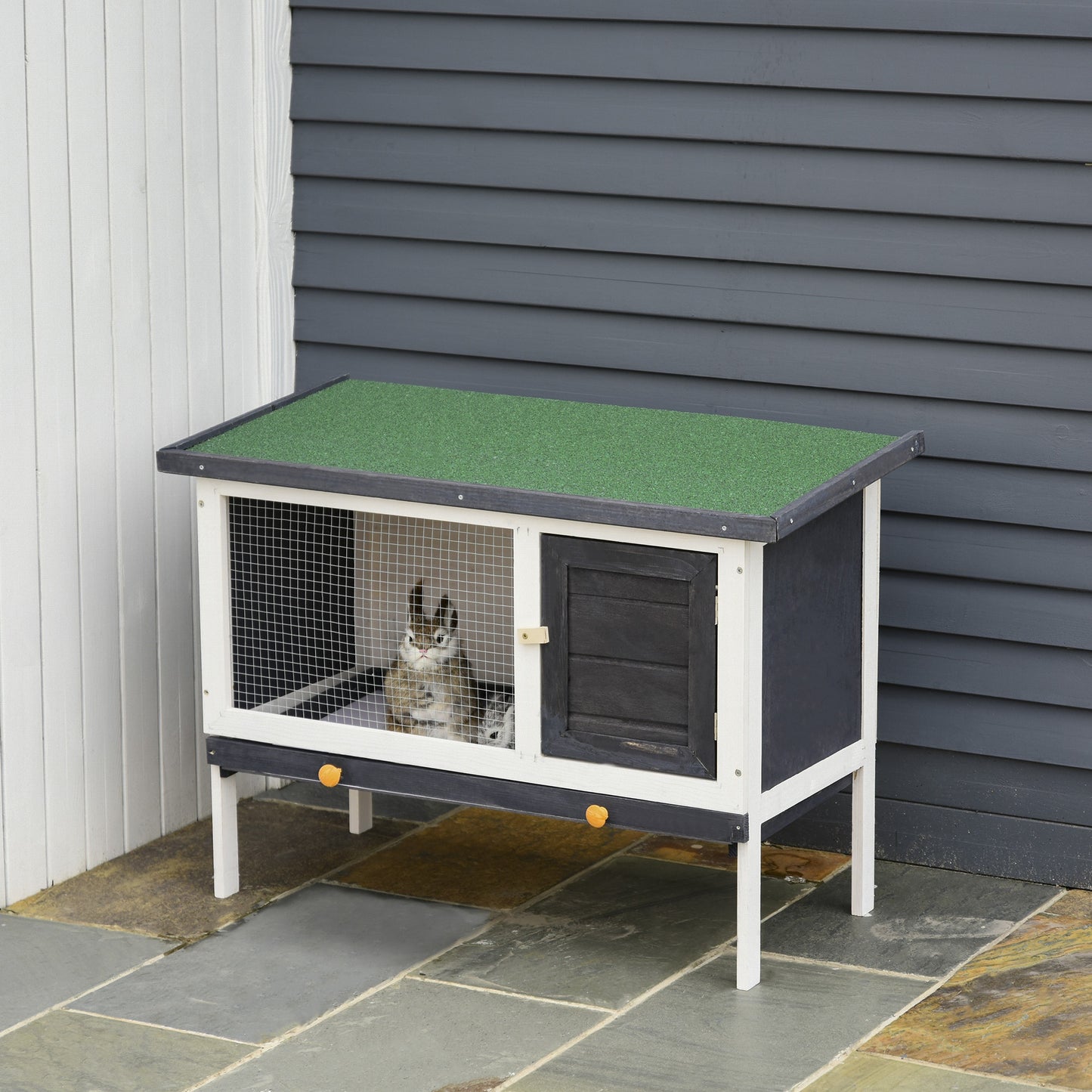 PawHut Wooden Rabbit Hutch Small Animal Habitat w/ Dropping Tray Opeanble Asphalt Roof