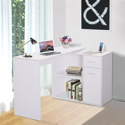 HOMCOM L-Shaped  Desk Computer Corner Desk, Dining Table with Storage Shelf and Drawer, Workstation for Home Office, White