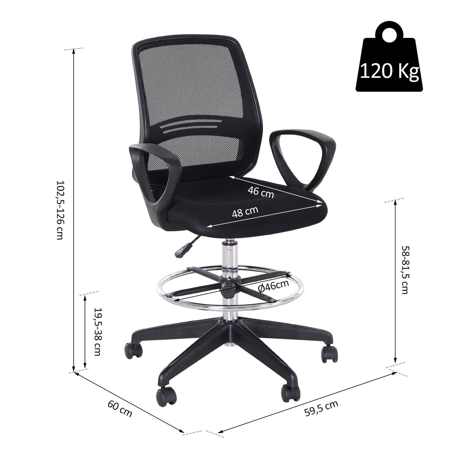 Vinsetto Ergonomic Mesh Back Draughtsman Chairs Tall Office Chair with Adjustable Height and Footrest 360° Swivel