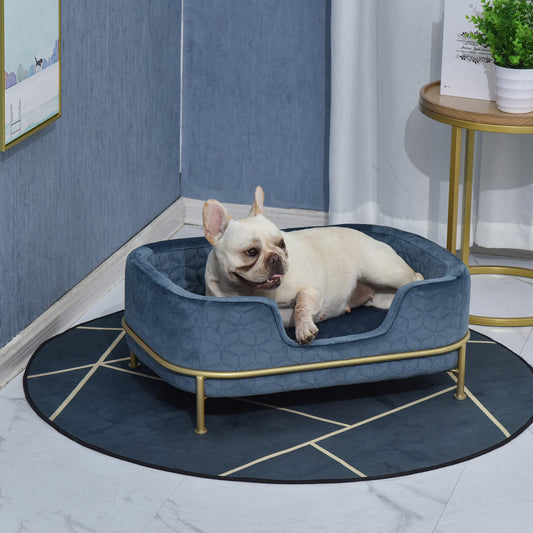 PawHut Velvet Upholstered Elevated Small Pet Bed Blue/Gold