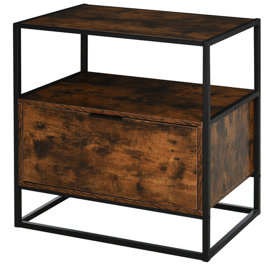 HOMCOM 2 Tier Industrial Style Side Table End Desk Storage Unit with Drawer and Open Shelf