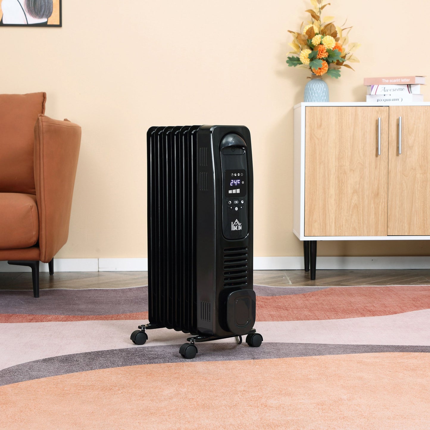 HOMCOM 1630W Oil Filled Radiator, 7 Fin Portable Heater w/ Timer Remote Control Black