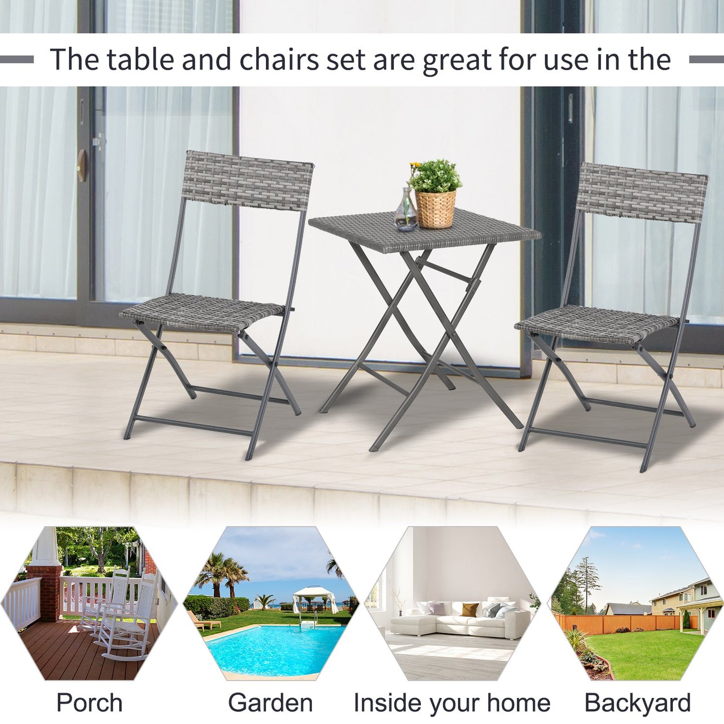 Outsunny 3 PCS Chair Bistro Set Garden Patio Table & Chair Black Rattan Furniture Grey