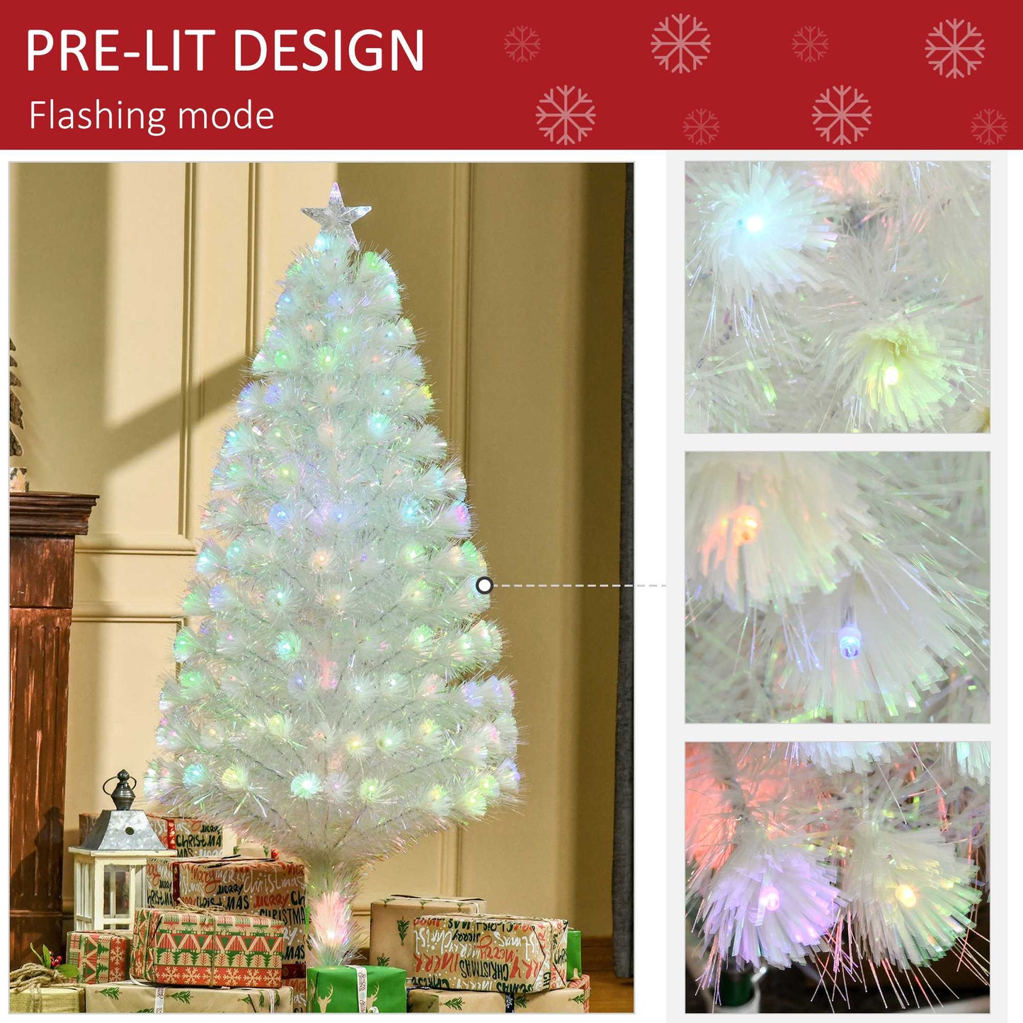 HOMCOM 5FT Prelit Artificial Christmas Tree w/ Fiber Optic, Xmas Decoration, White