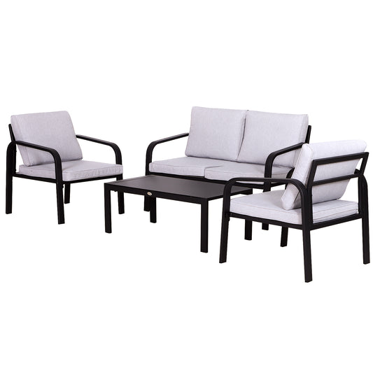 Outsunny 4 Pcs Aluminium Garden Dining Set w/ Chairs Sofa Glass Top Table Cushions Black