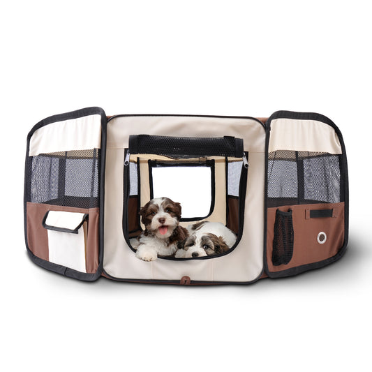 HOMCOM Fabric Dog Pens Pet Puppy PlayPen Dog Crate (37cmx37cmx95cm)-Brown/Cream