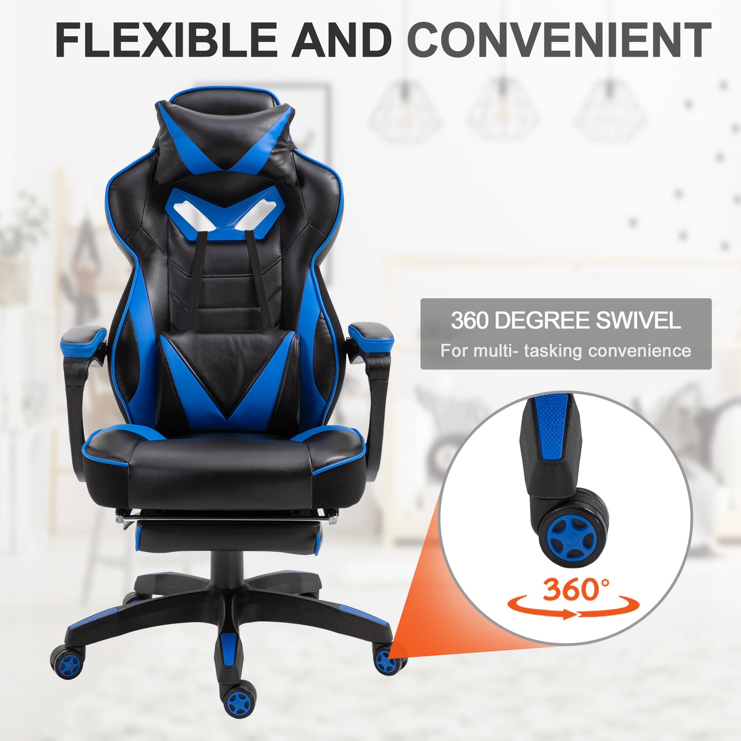 Vinsetto PU Leather Retractable Footrest Gaming Chair w/ Pillows Blue/Black
