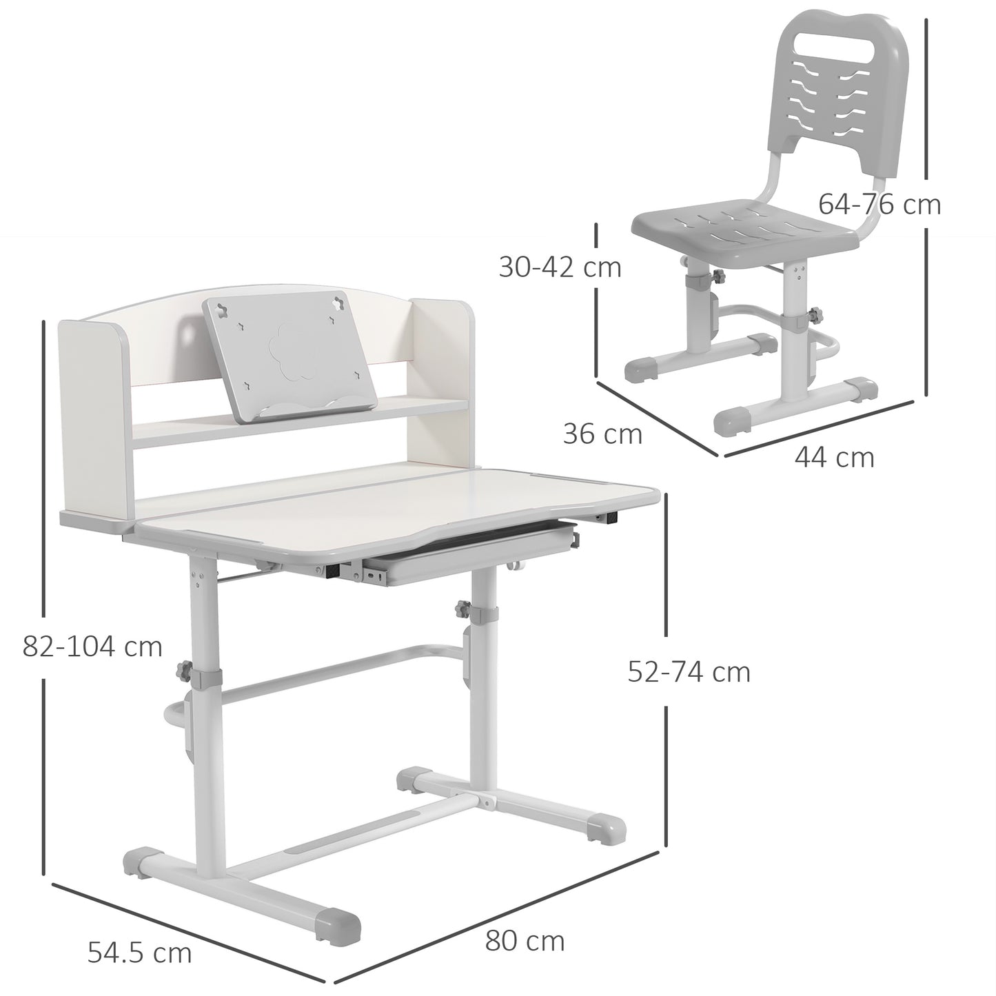 ZONEKIZ Height Adjustable Kids Study Table and Chair Set with Drawer Storage Shelf 80 x 54.5 x 104 cm Grey