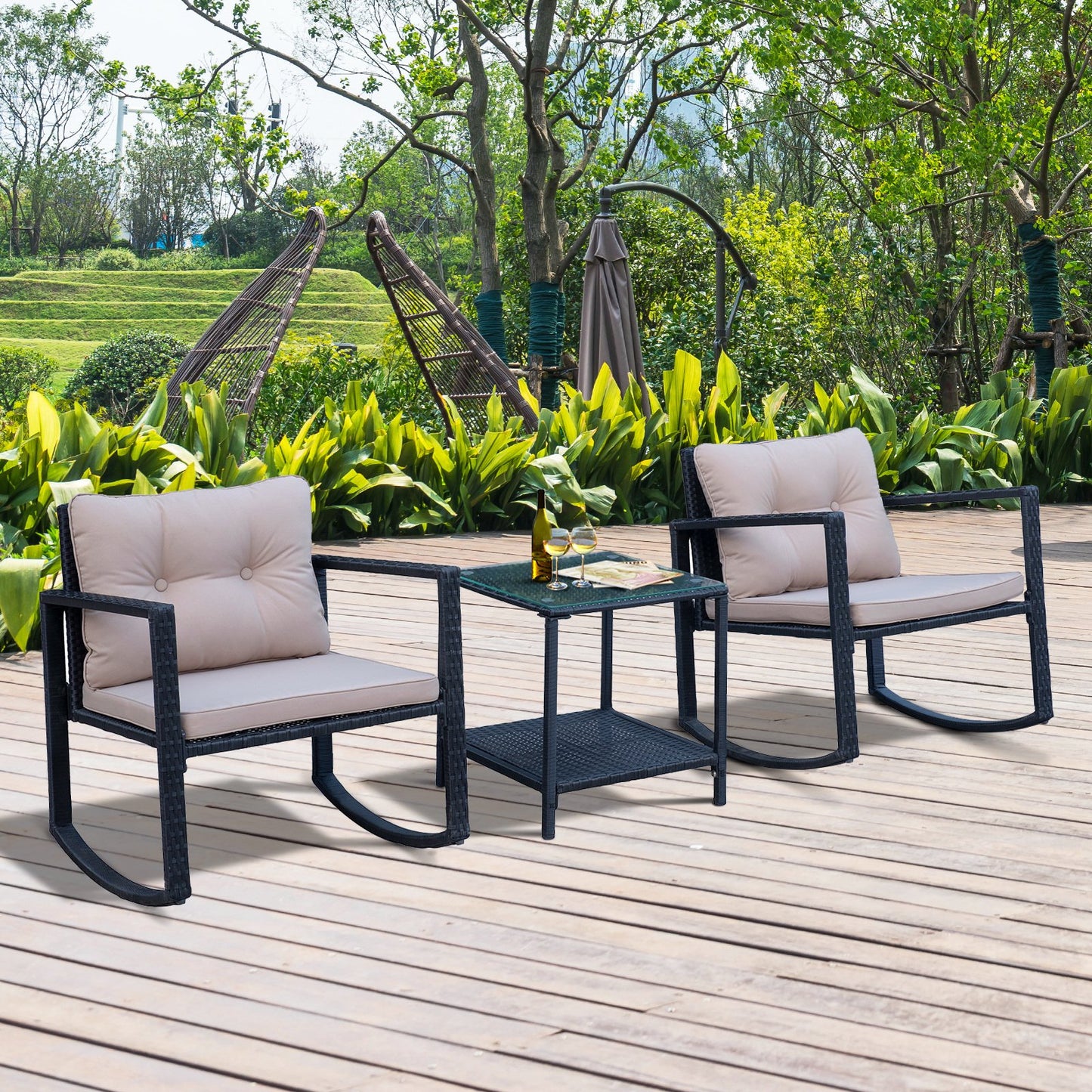 Outsunny 3 Pcs Rattan Rocking Set W/Cushion-Black/Beige