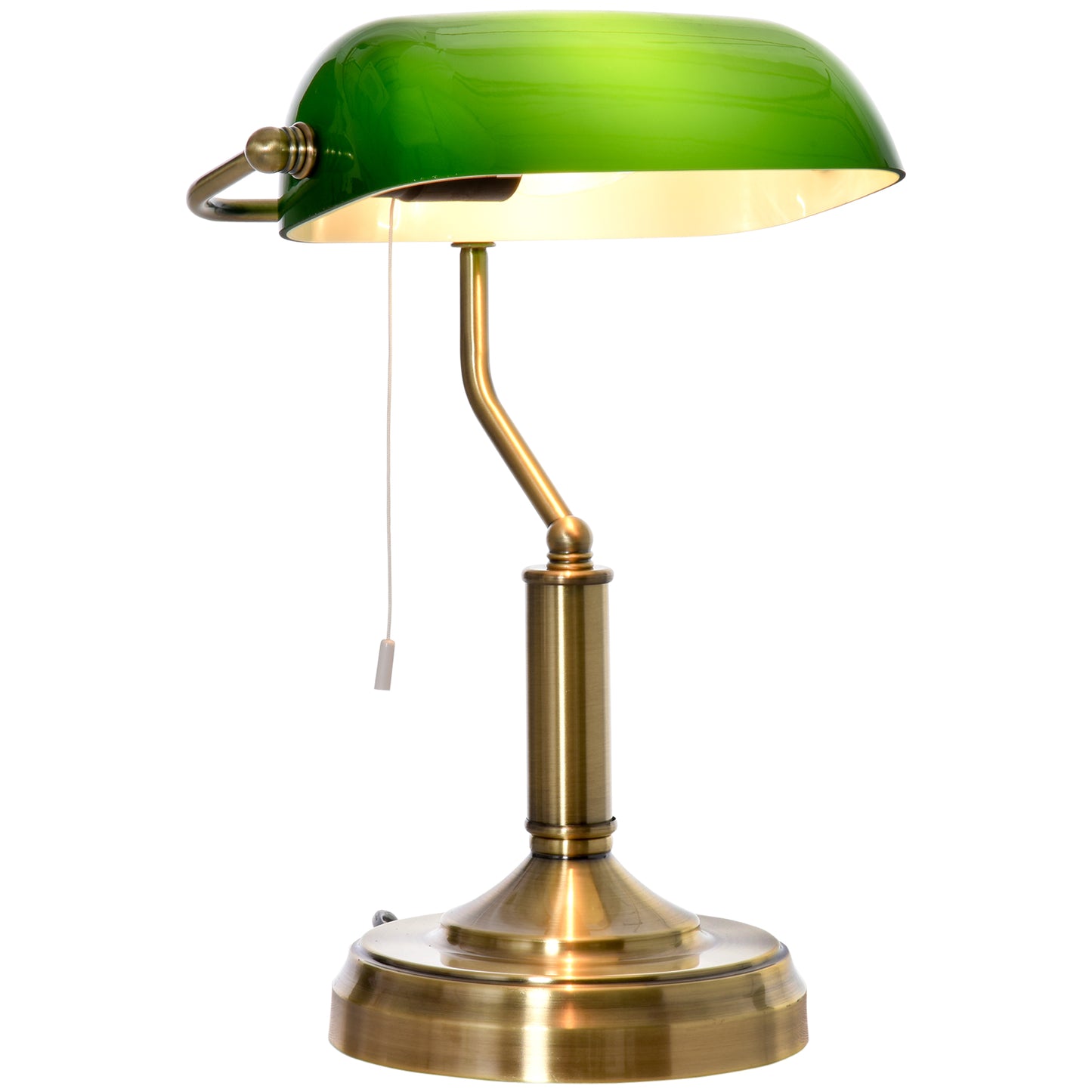 HOMCOM Banker's Table Lamp w/ Antique Bronze Base, Green Glass Shade, Pull Rope Switch