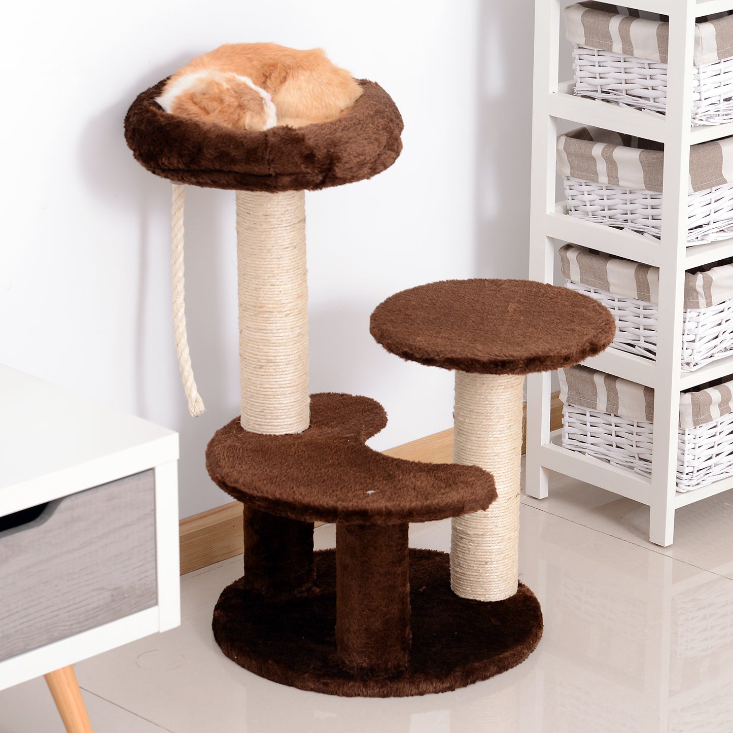 PawHut 65 cm Cat Tree for Indoor Cats Kitty Scratcher Kitten Activity Center Scratching Post Playhouse 2 Perch w/ Hanging Sisal Rope Brown
