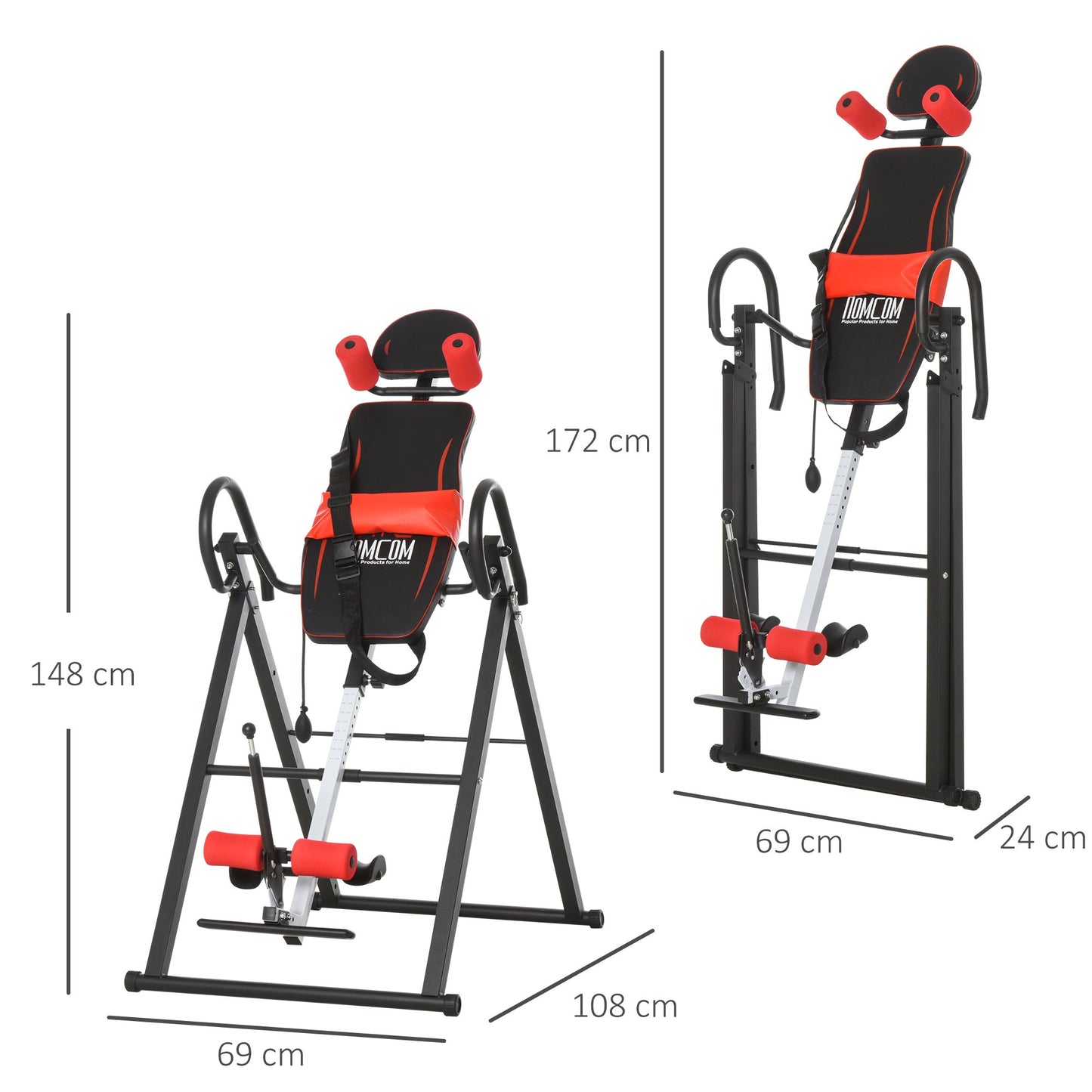 HOMCOM Steel Adjustable Gravity Inversion Table w/ Safety Belt Adjustable Hand Stand Home Back Stretcher Machine Red/Black