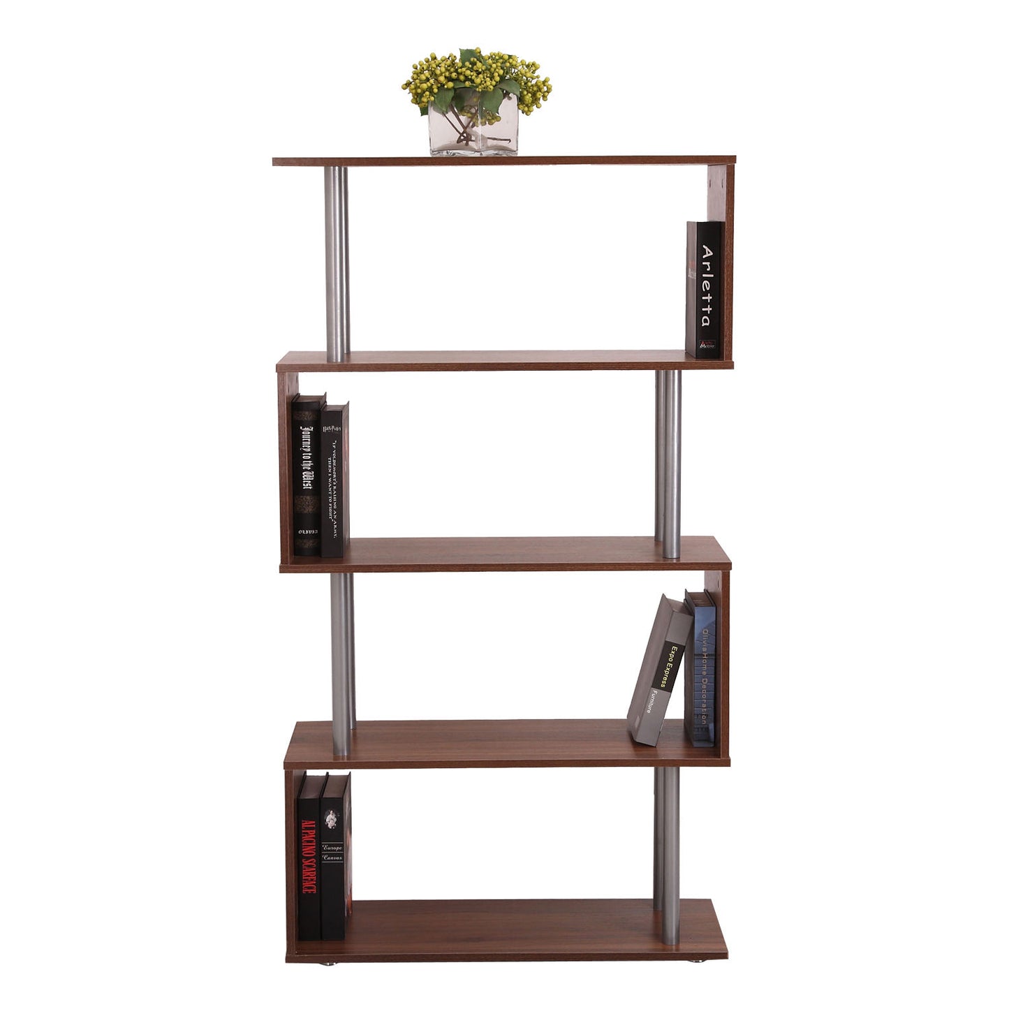 HOMCOM Particle Board S-Shaped Asymmetrical Bookshelf Unit Walnut