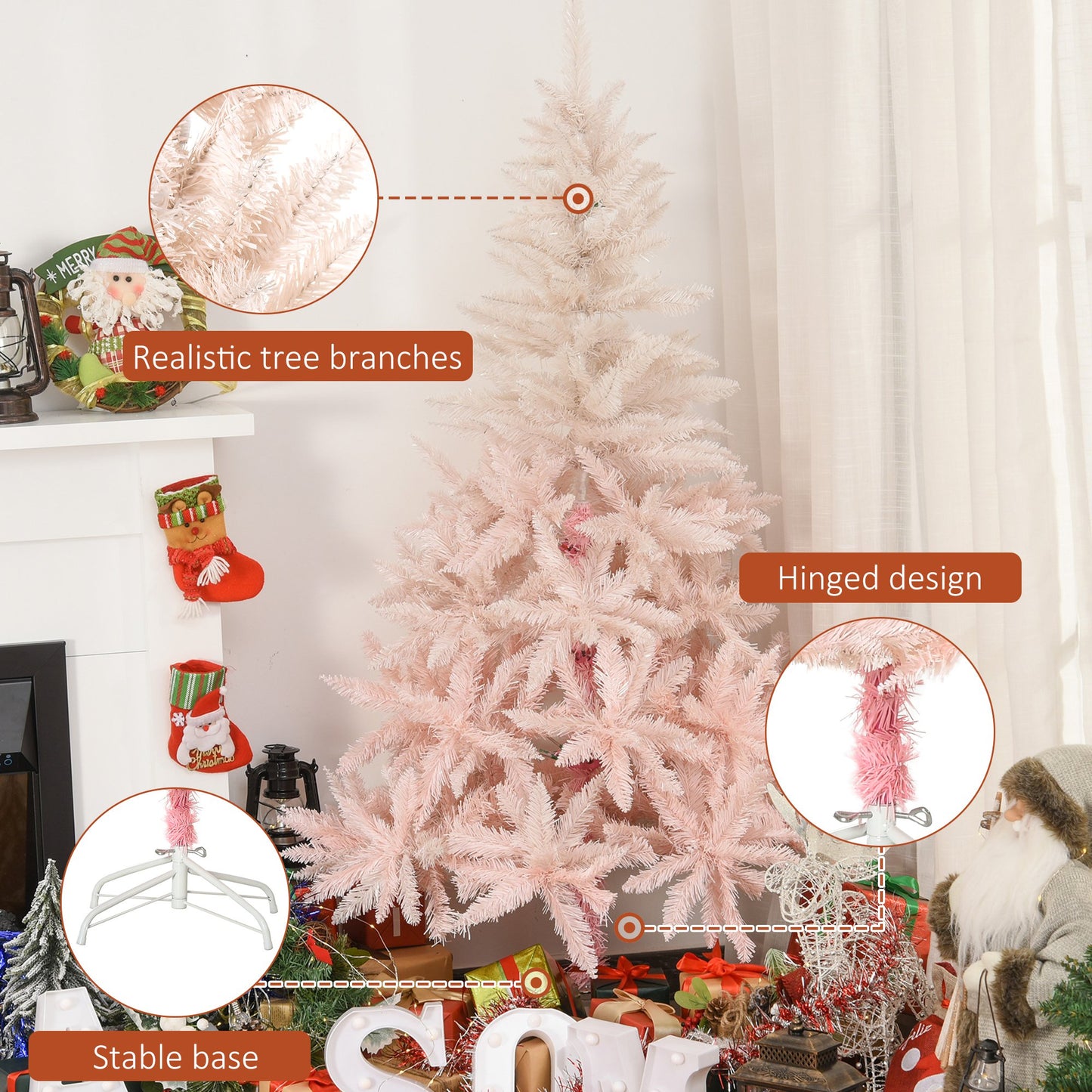 HOMCOM 150cm Realistic Design Faux Christmas Tree w/ Metal Stand and Quick Setup, Pink