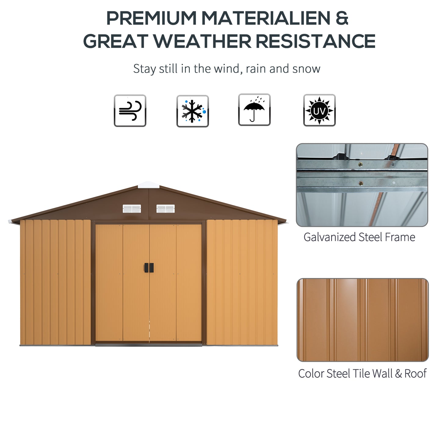 Outsunny 12.5 x 11.1ft Steel Sliding Door Storage Shed - Brown