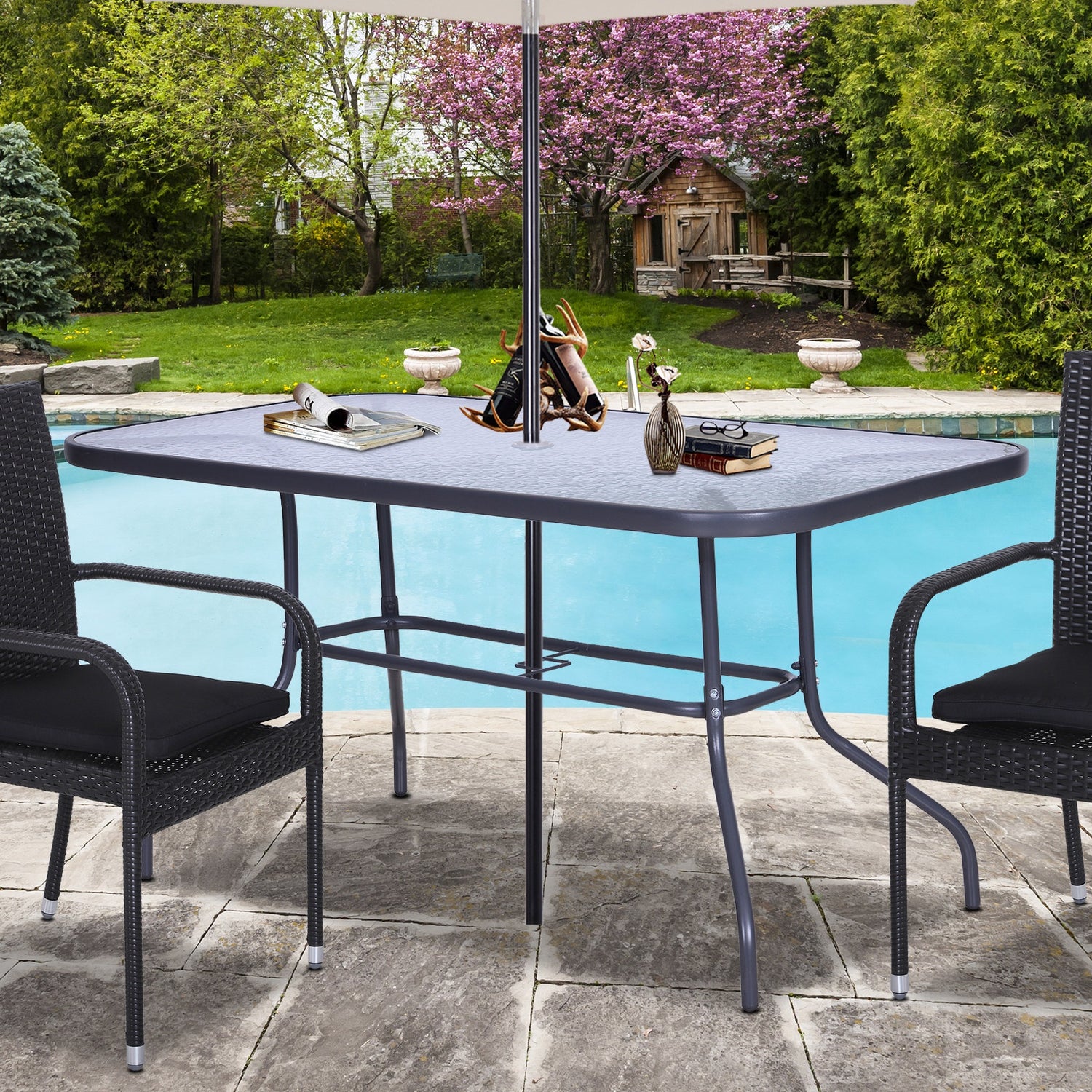 Outsunny Aquatex Glass Garden Table Curved Metal Frame Parasol Hole 4 –