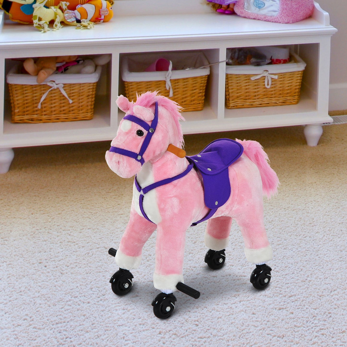 HOMCOM Rocking Horse W/Rolling Wheels and Sound-Pink