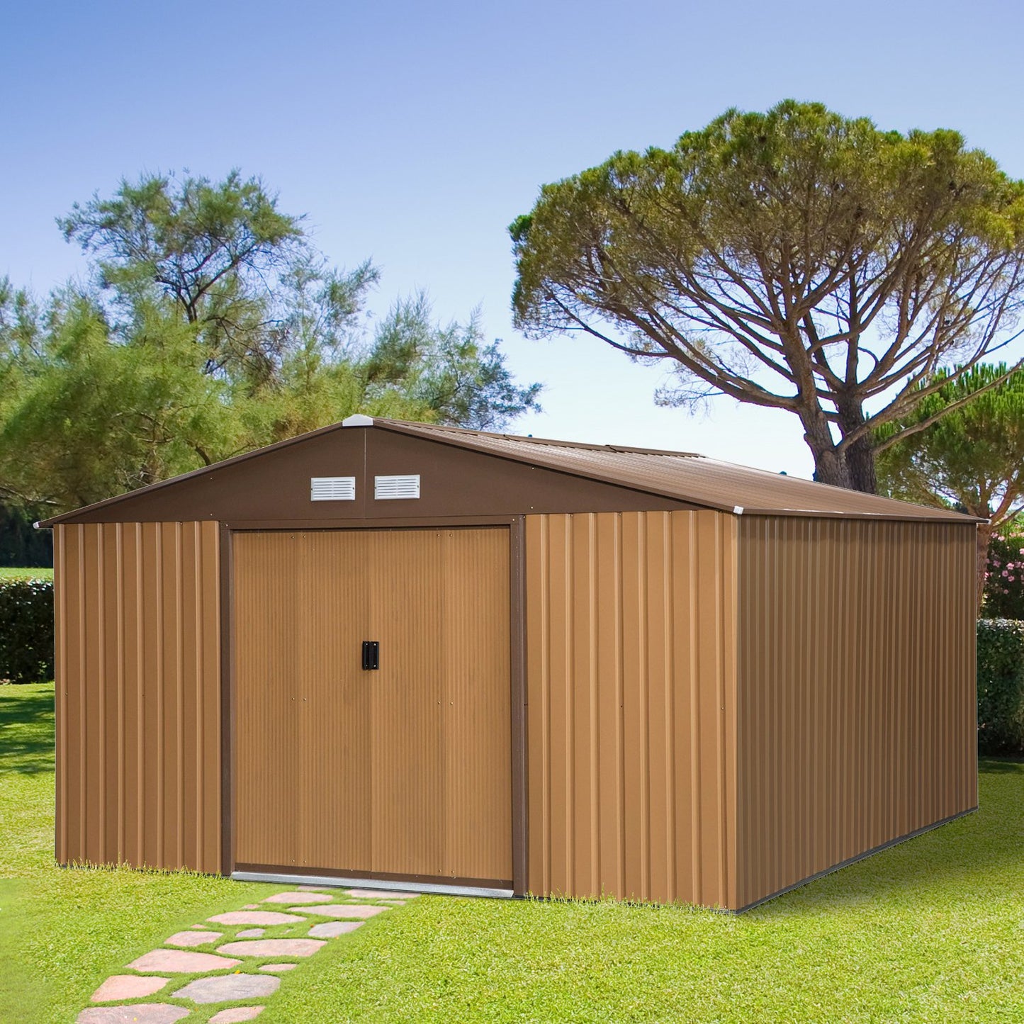 Outsunny 12.5 x 11.1ft Steel Sliding Door Storage Shed - Brown